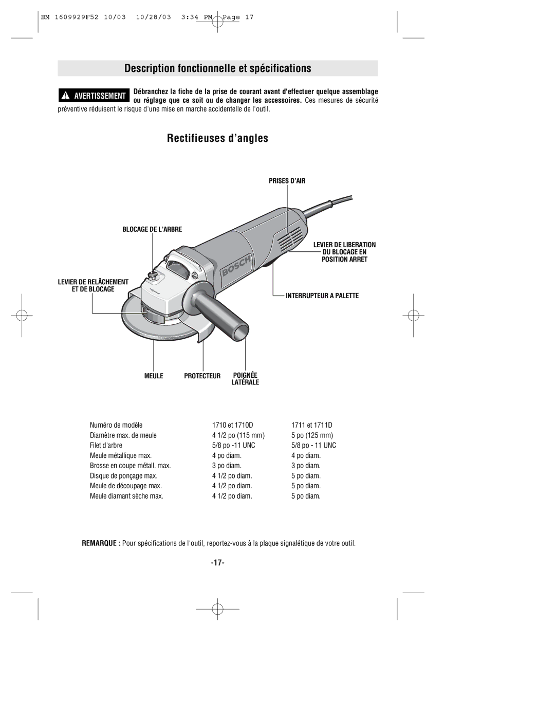 Bosch Power Tools 1711 Description fonctionnelle et spécifications, Rectifieuses d’angles, Numéro de modèle 1710 et 1710D 