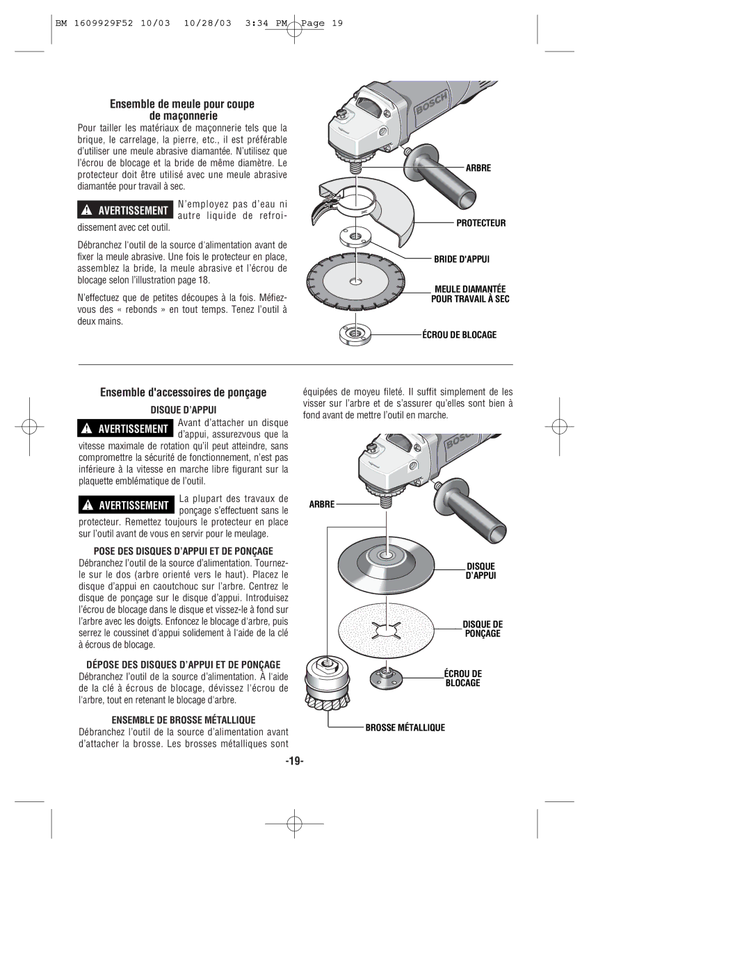 Bosch Power Tools 1710D, 1711D manual Disque D’APPUI, Ensemble DE Brosse Métallique 