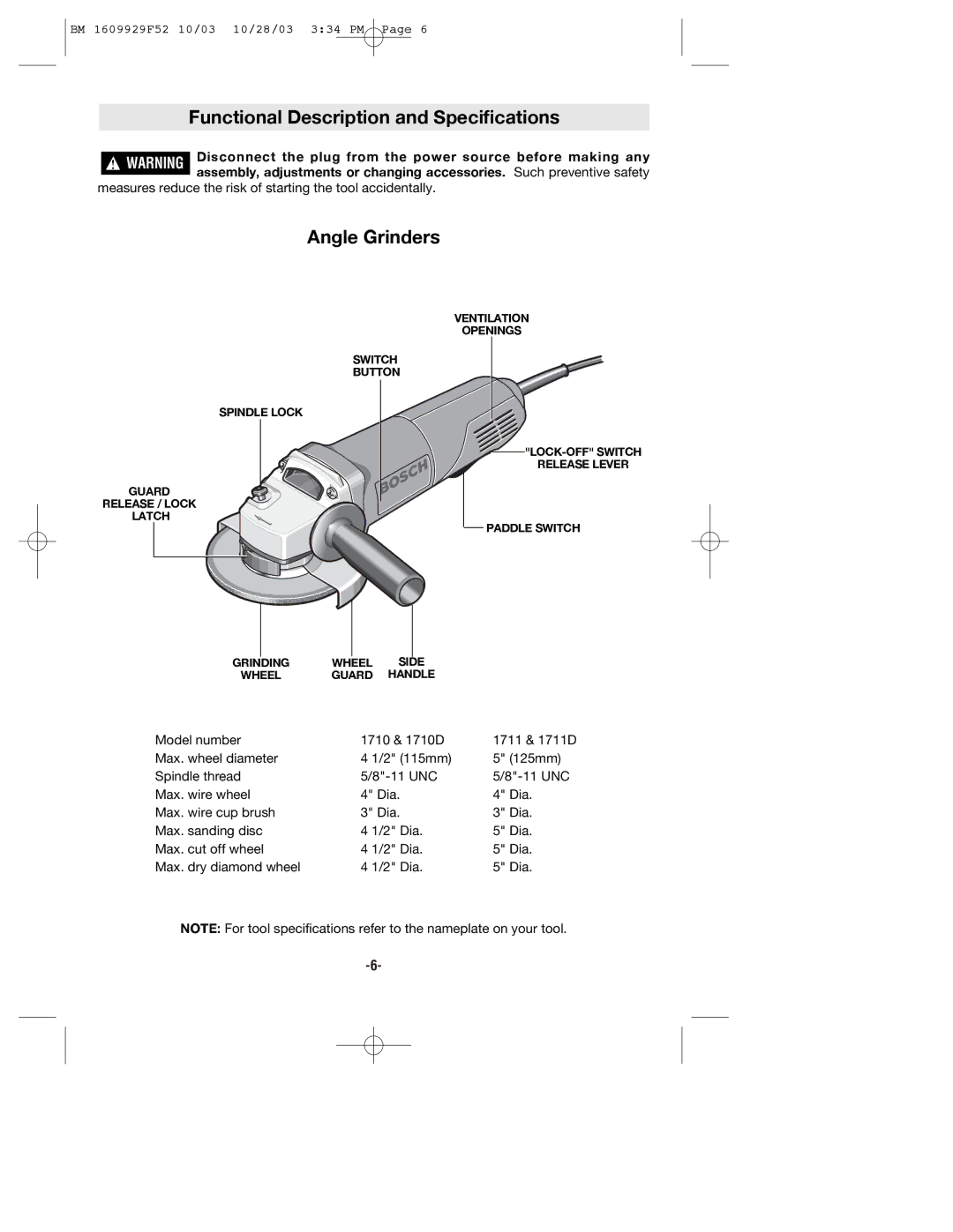 Bosch Power Tools 1711D, 1710D manual Functional Description and Specifications, Angle Grinders 