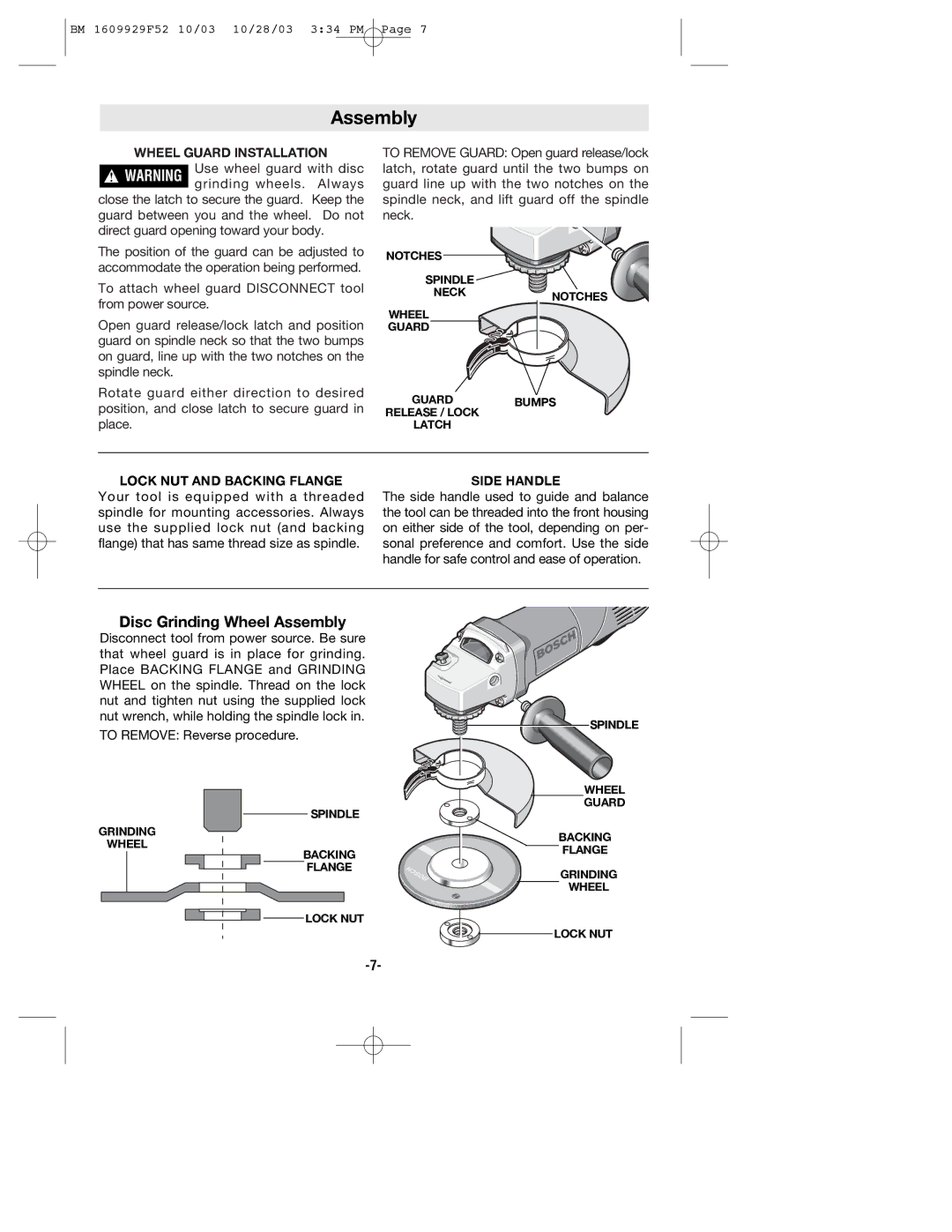 Bosch Power Tools 1710D, 1711D Disc Grinding Wheel Assembly, Wheel Guard Installation, Lock NUT and Backing Flange 