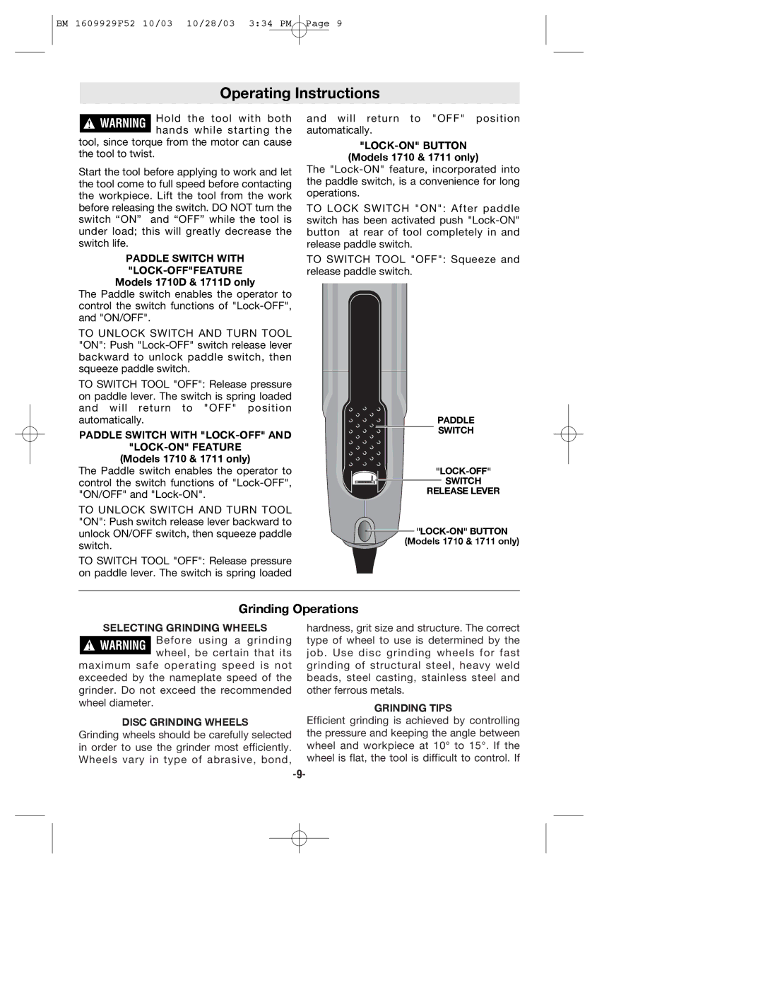 Bosch Power Tools 1711D, 1710D manual Operating Instructions, Grinding Operations 