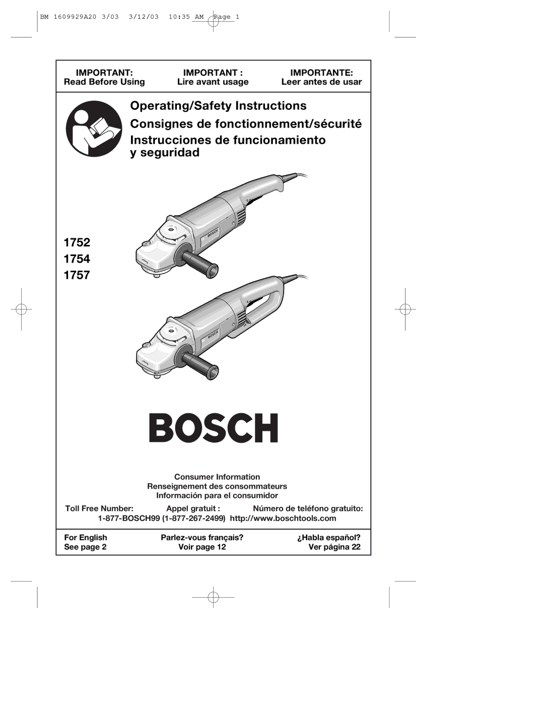 Bosch Power Tools 1754, 1752, 1757 manual Read Before Using Lire avant usage Leer antes de usar 