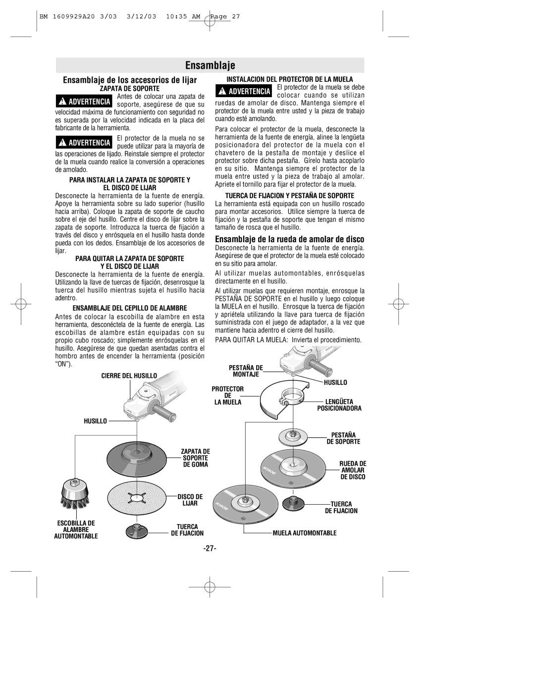 Bosch Power Tools 1752, 1754, 1757 manual Ensamblaje de la rueda de amolar de disco 