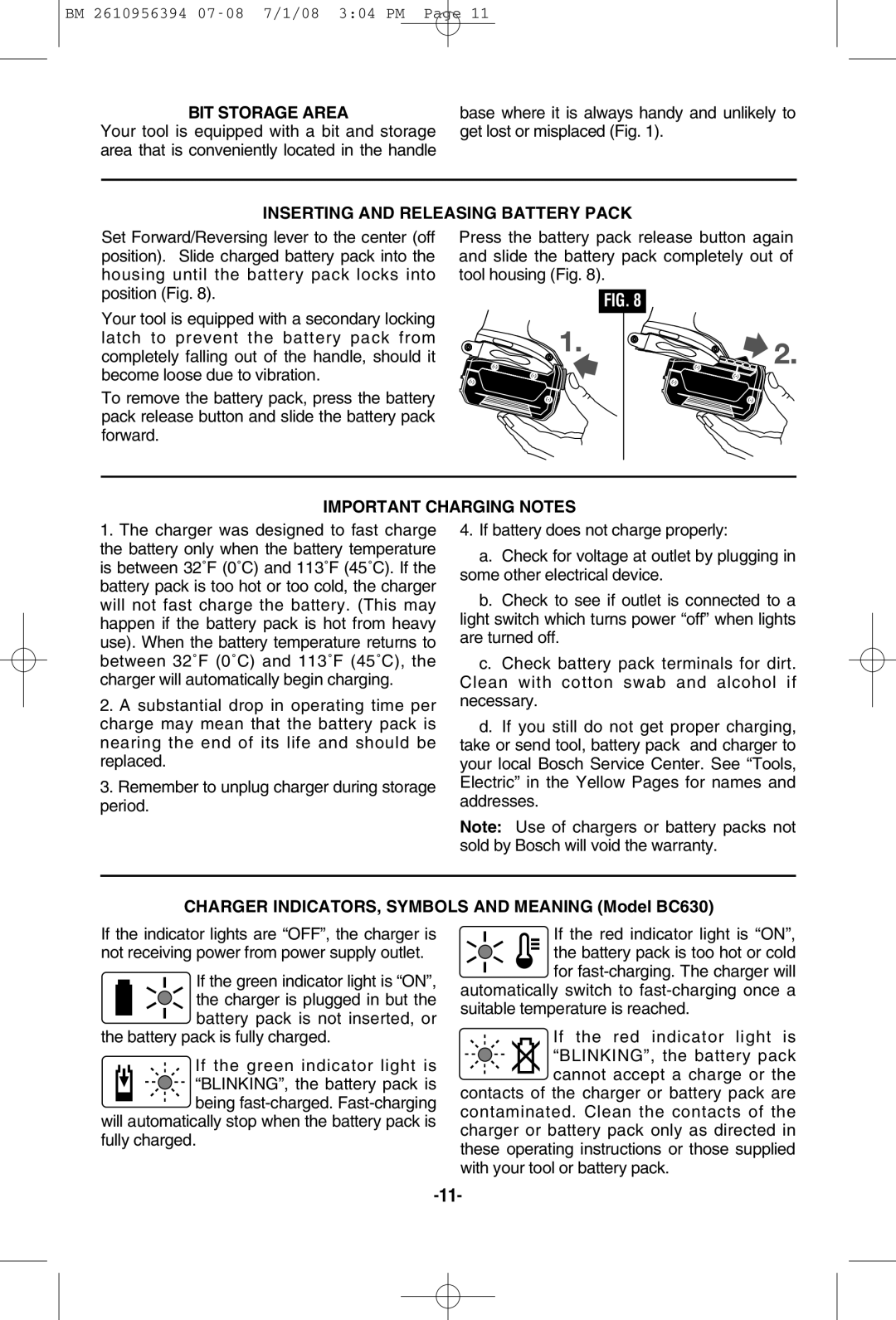 Bosch Power Tools 17618-01, 17614 manual BIT Storage Area, Inserting and Releasing Battery Pack, Important Charging Notes 