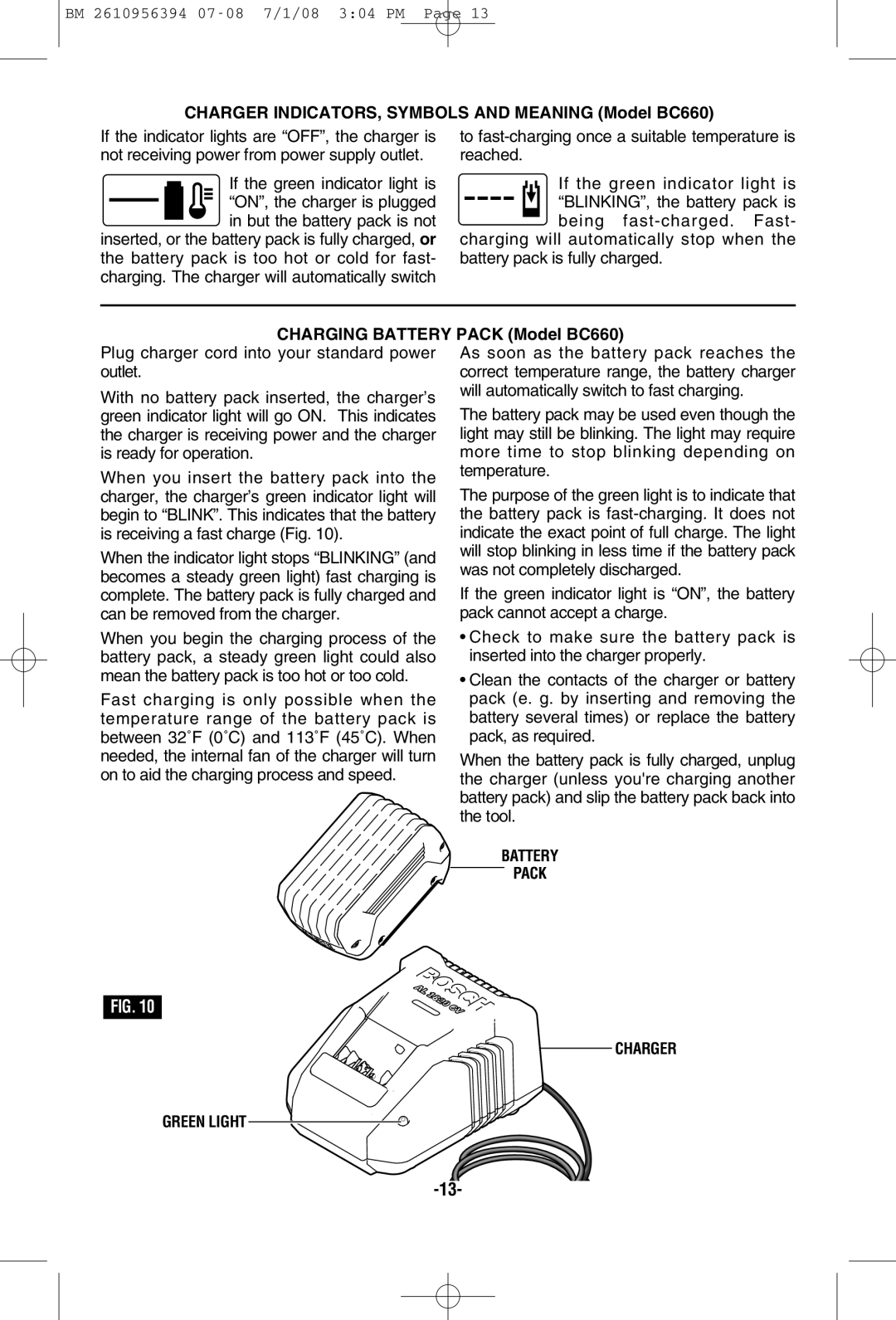 Bosch Power Tools 17614-01, 17618 Charger INDICATORS, Symbols and Meaning Model BC660, Charging Battery Pack Model BC660 