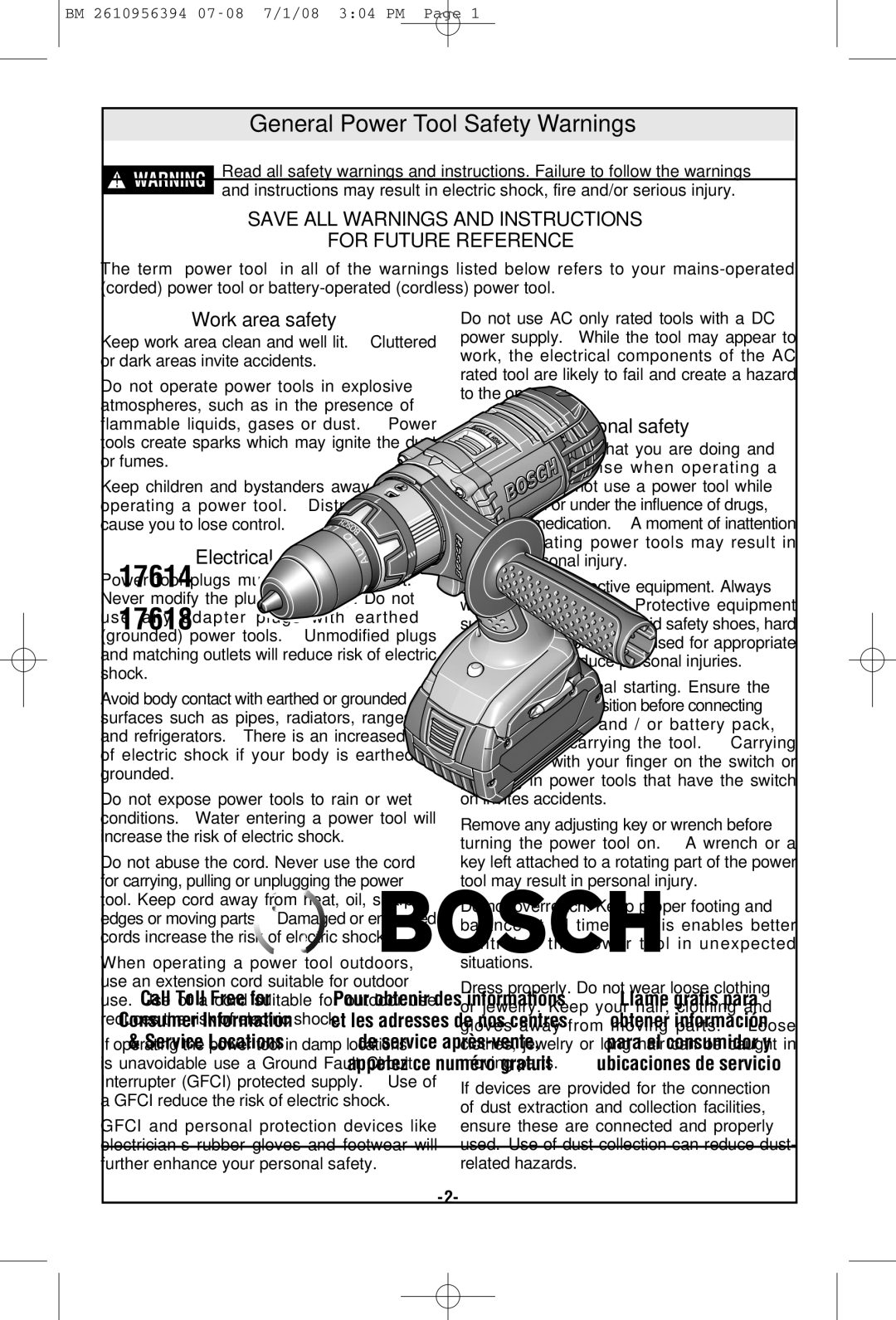 Bosch Power Tools 17614, 17618-01 General Power Tool Safety Warnings, Work area safety, Electrical safety, Personal safety 