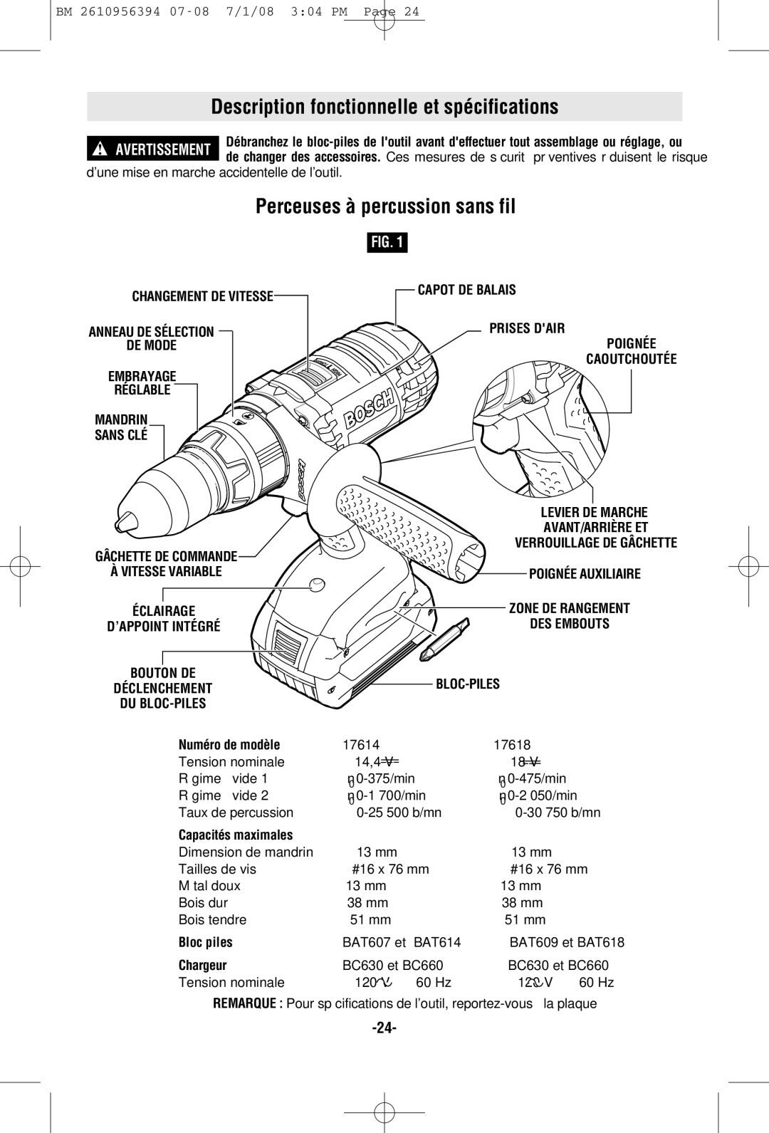 Bosch Power Tools 17614B, 17618-01, 17614-01 Description fonctionnelle et spécifications, Perceuses à percussion sans fil 