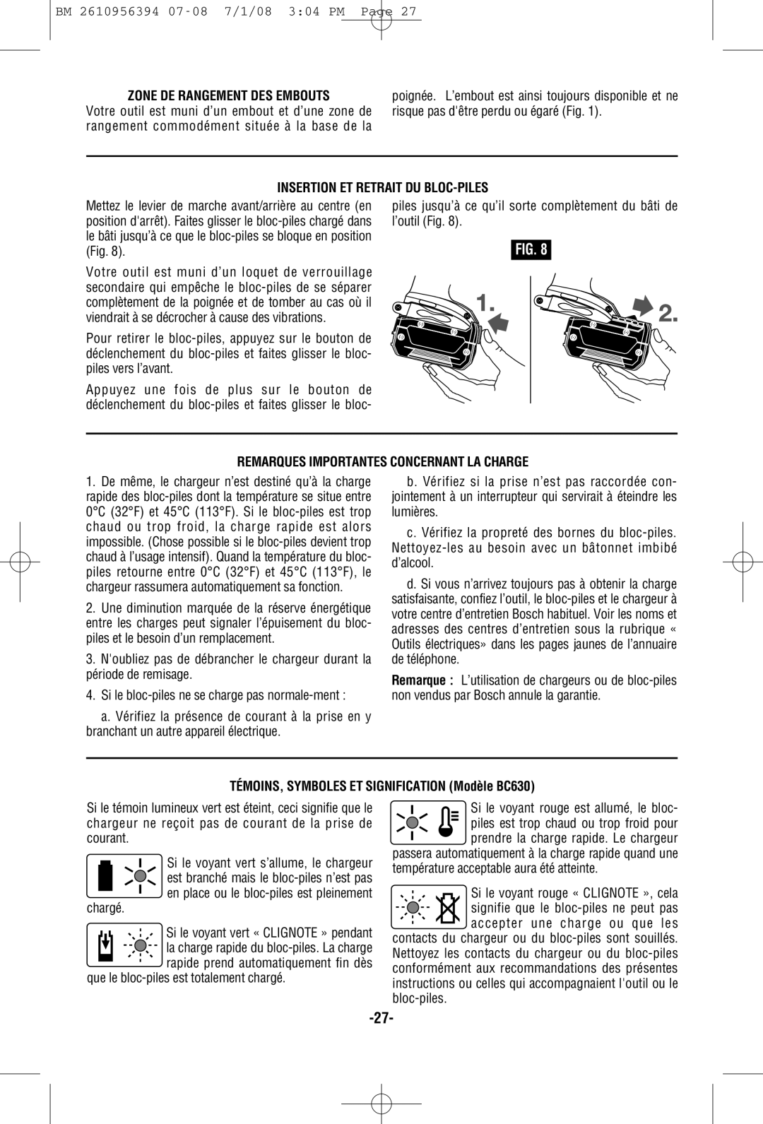 Bosch Power Tools 17618-01, 17614-01, 17614B manual Zone DE Rangement DES Embouts, Insertion ET Retrait DU BLOC-PILES 