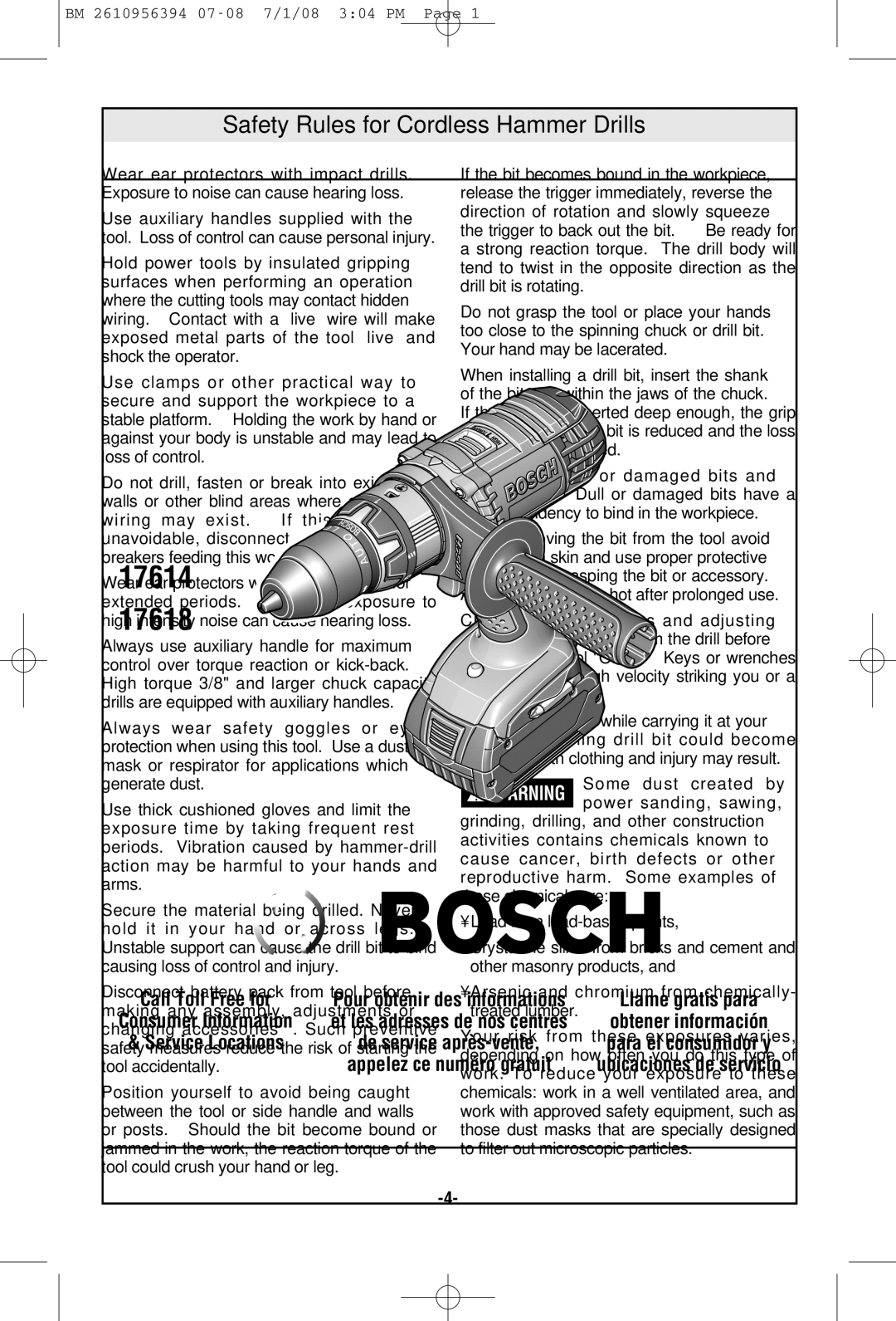 Bosch Power Tools 17614B, 17618-01 manual Safety Rules for Cordless Hammer Drills, Wear ear protectors with impact drills 