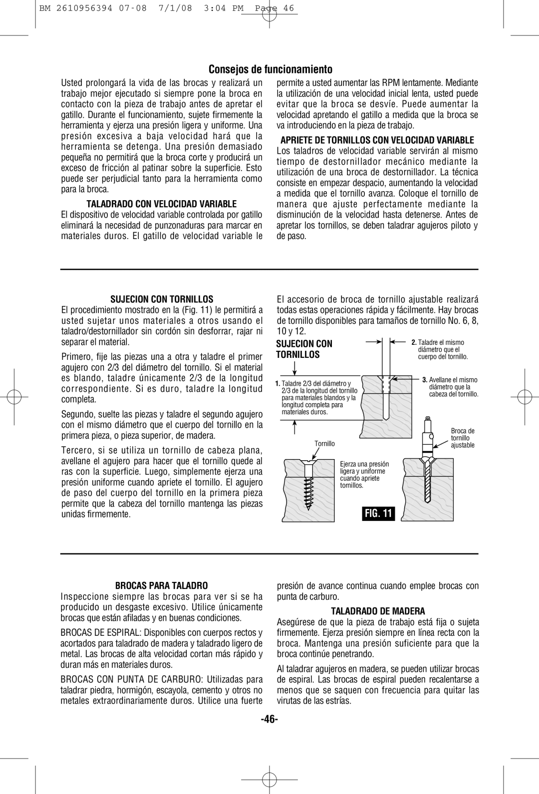 Bosch Power Tools 17618 manual Consejos de funcionamiento, Sujecion CON Tornillos, Brocas Para Taladro, Taladrado DE Madera 