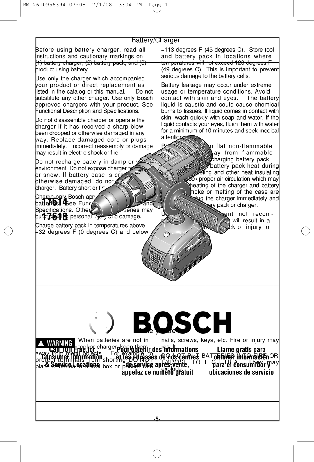 Bosch Power Tools 17618-01, 17614-01, 17614B manual Battery/Charger, Battery Care 