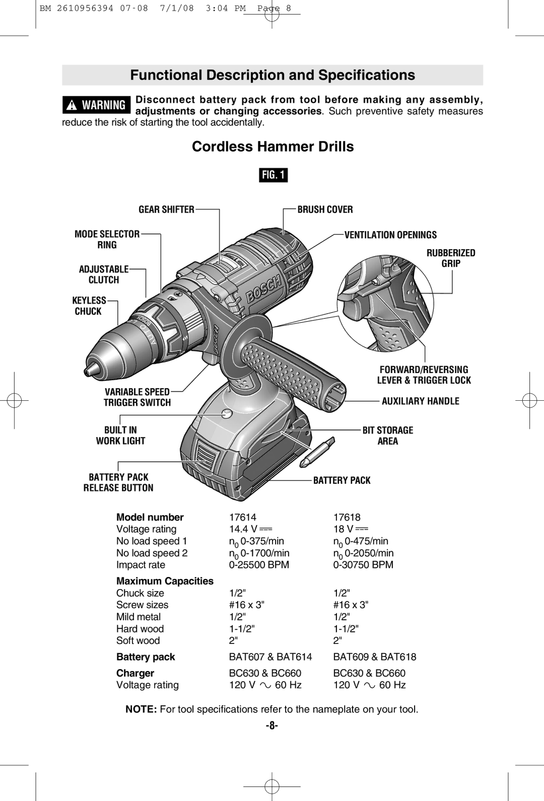 Bosch Power Tools 17614-01, 17618-01, 17614B manual Functional Description and Specifications, Cordless Hammer Drills 