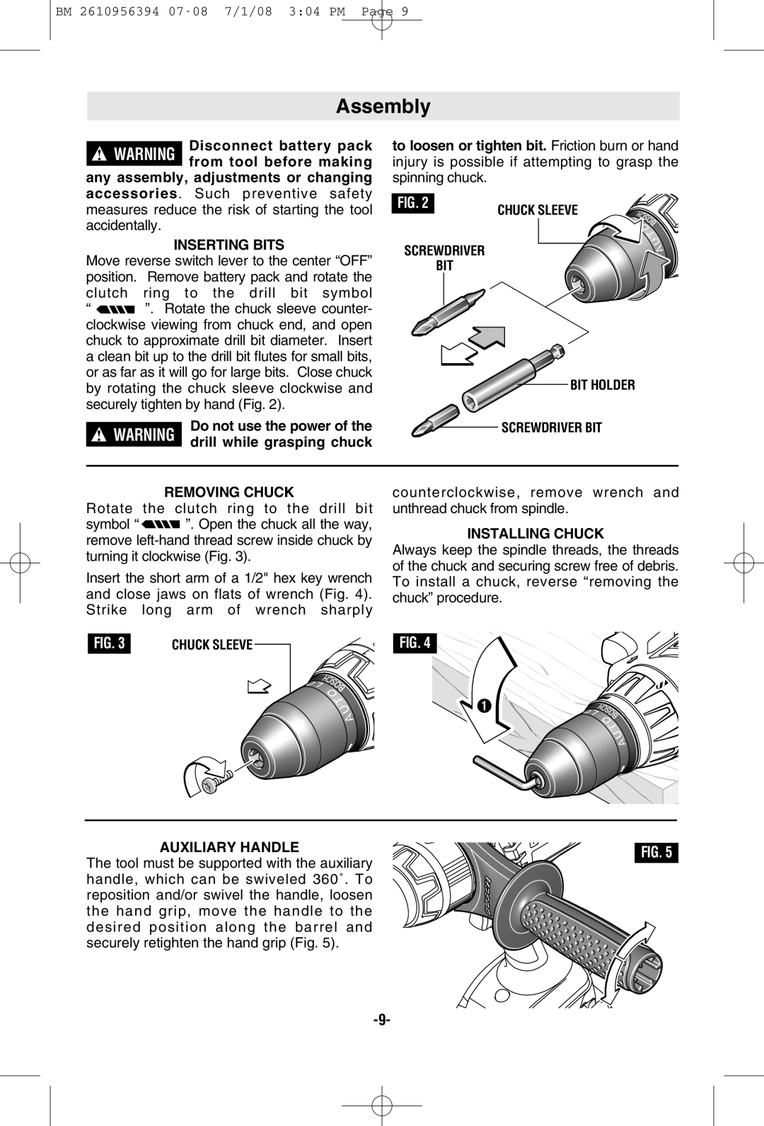 Bosch Power Tools 17614B, 17618-01 Assembly, Inserting Bits, Screwdriver BIT BIT Holder Removing Chuck, Installing Chuck 