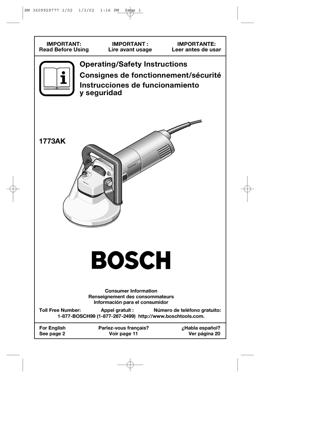 Bosch Power Tools 1773AK manual Read Before Using Lire avant usage Leer antes de usar 