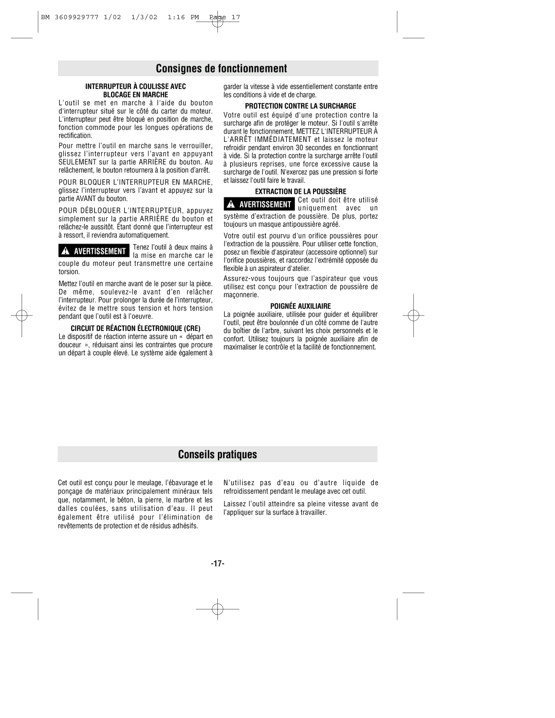 Bosch Power Tools 1773AK manual Consignes de fonctionnement, Conseils pratiques 