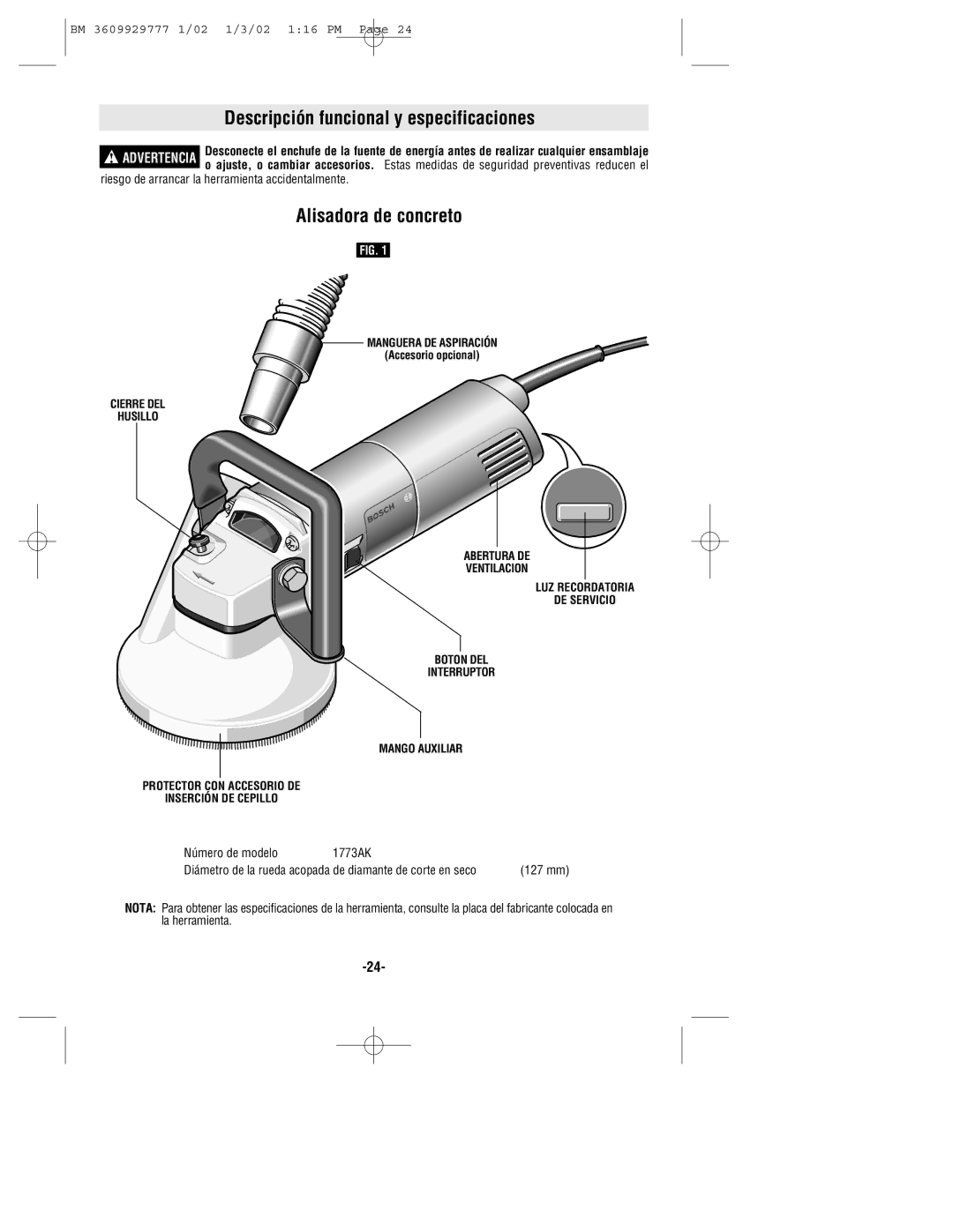 Bosch Power Tools 1773AK manual Descripción funcional y especificaciones, Alisadora de concreto 