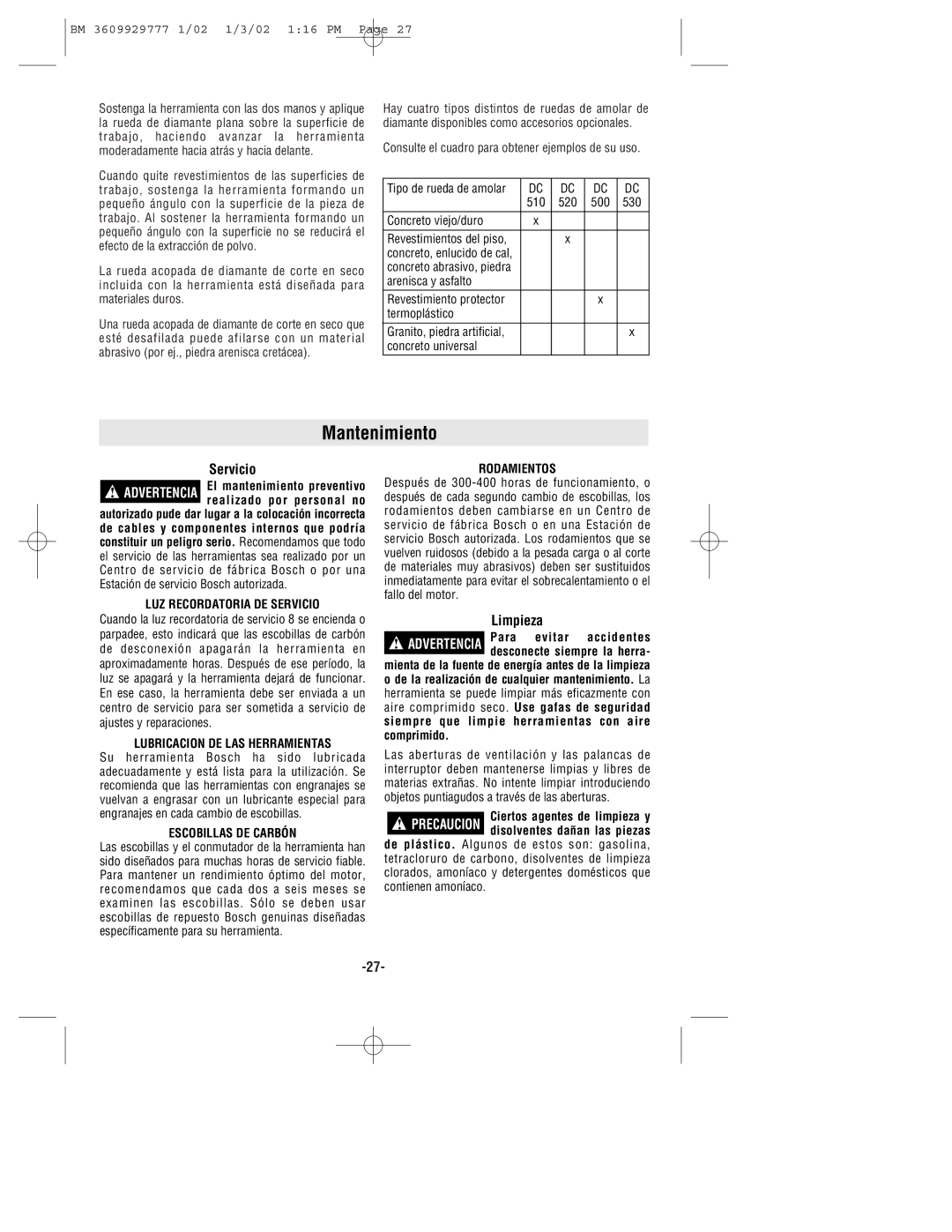 Bosch Power Tools 1773AK manual Mantenimiento, LUZ Recordatoria DE Servicio, Lubricacion DE LAS Herramientas, Rodamientos 