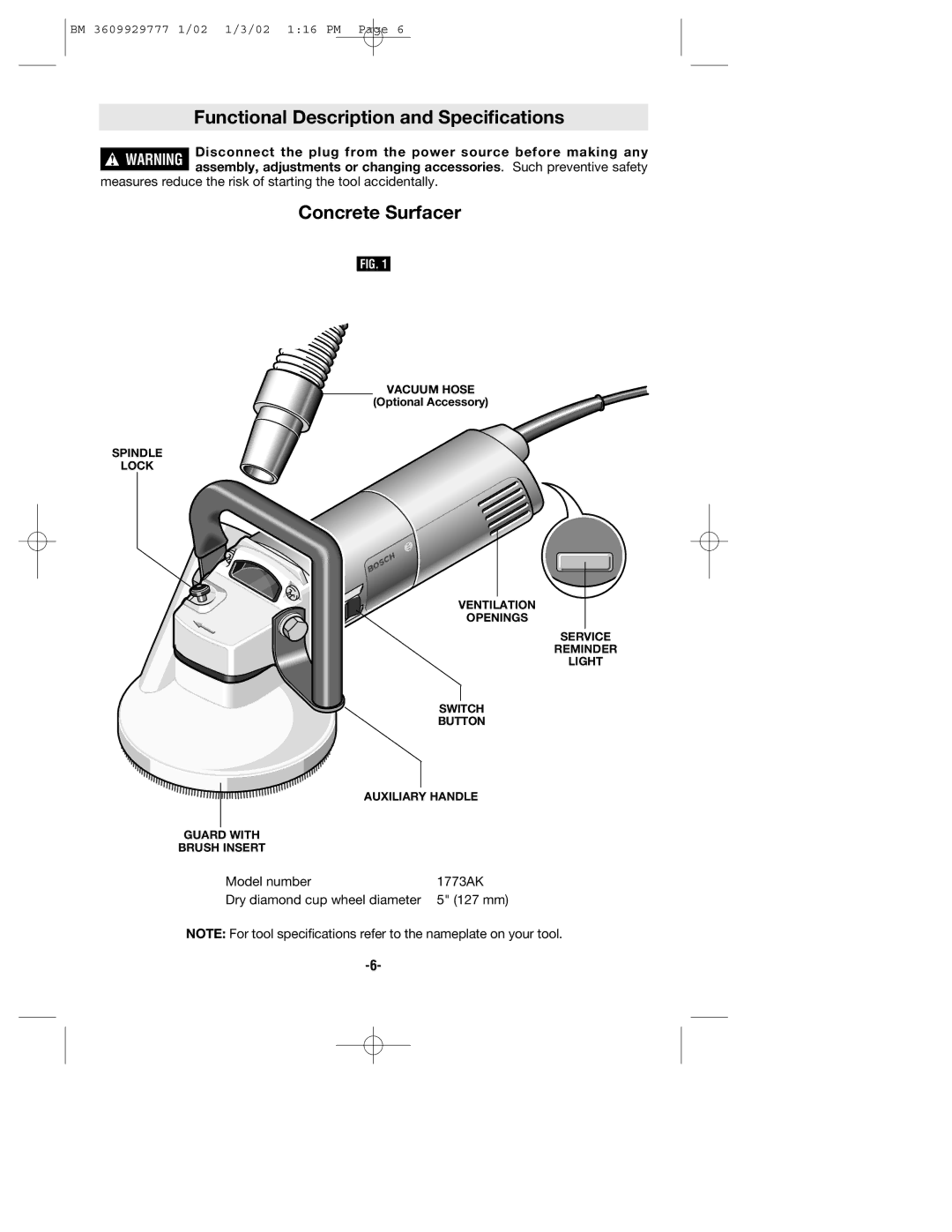 Bosch Power Tools 1773AK manual Functional Description and Specifications, Concrete Surfacer 