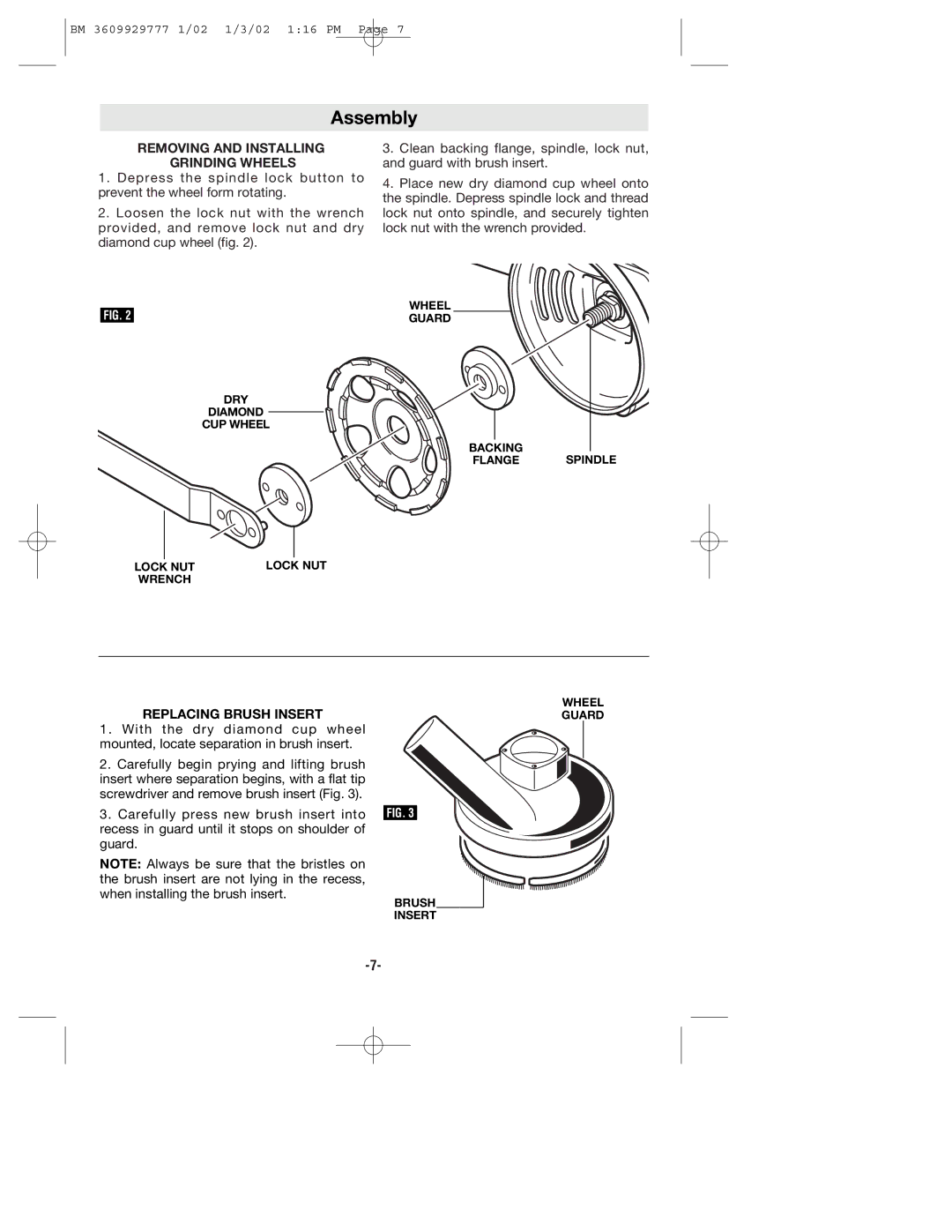 Bosch Power Tools 1773AK manual Assembly, Removing and Installing Grinding Wheels, Replacing Brush Insert 