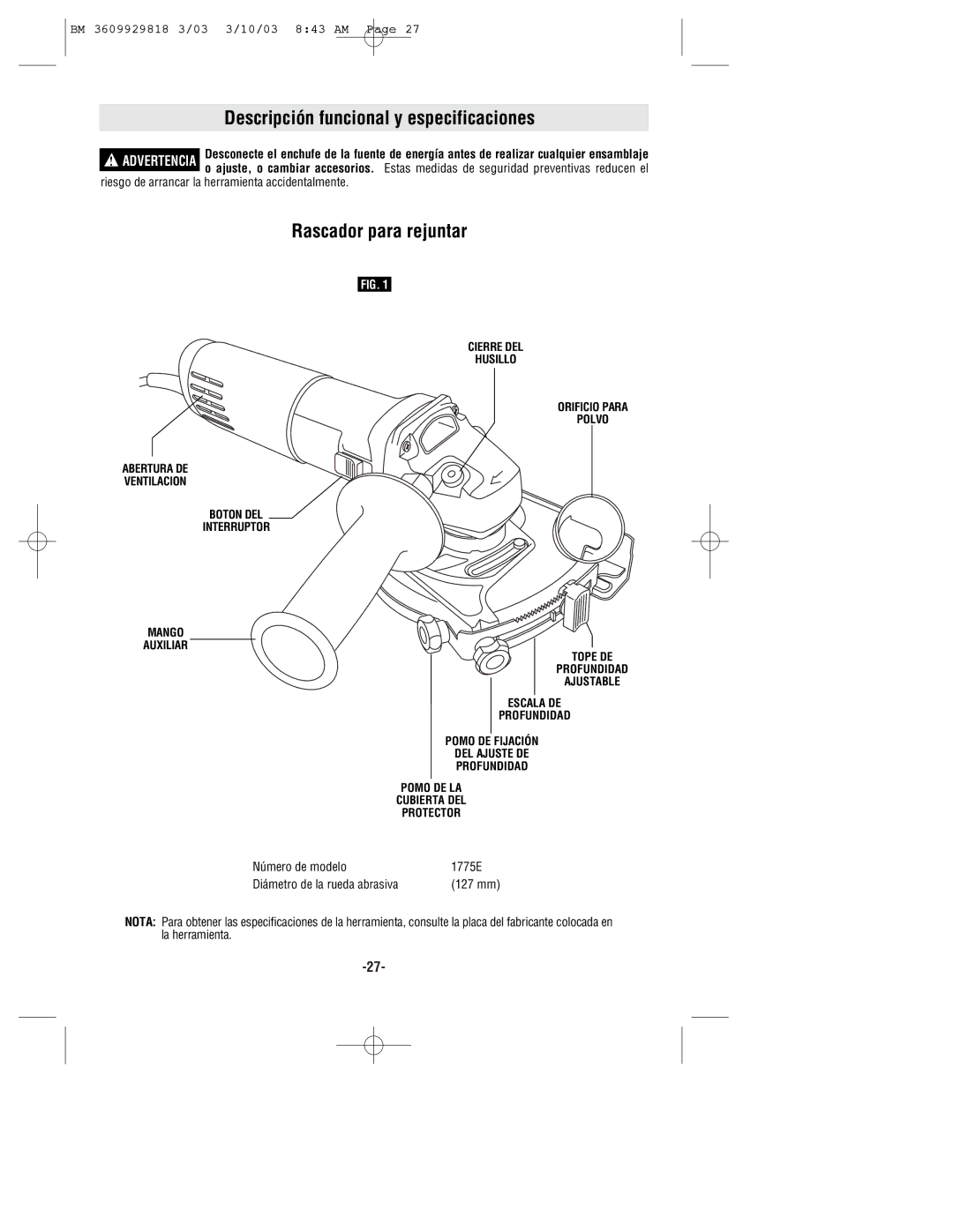 Bosch Power Tools 1775E manual Descripción funcional y especificaciones, Rascador para rejuntar 