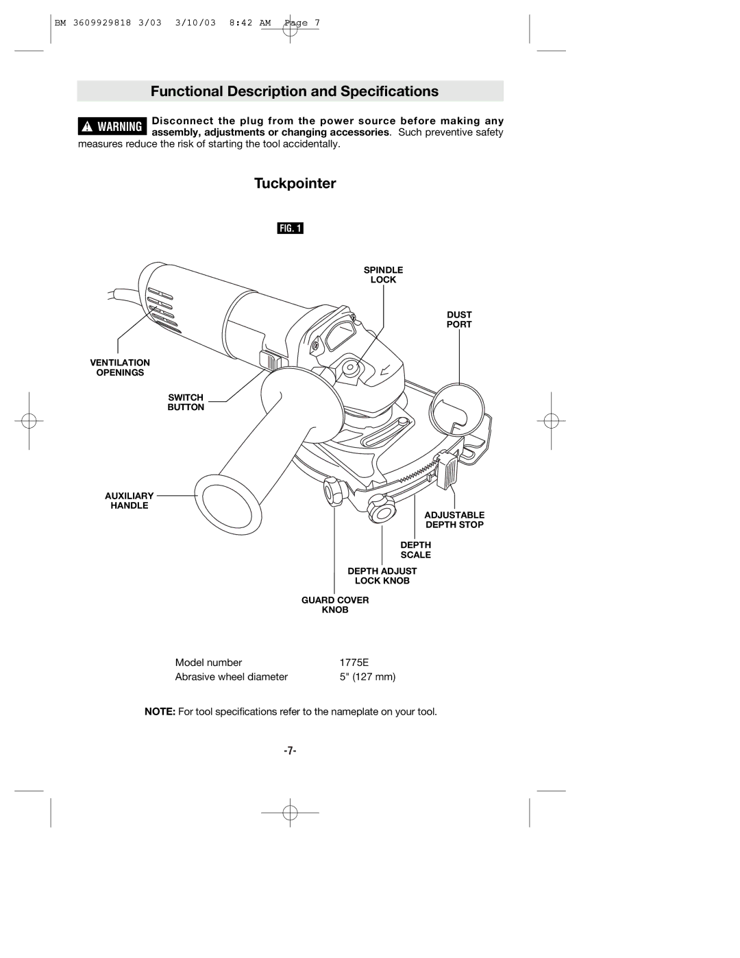 Bosch Power Tools 1775E manual Functional Description and Specifications, Tuckpointer 