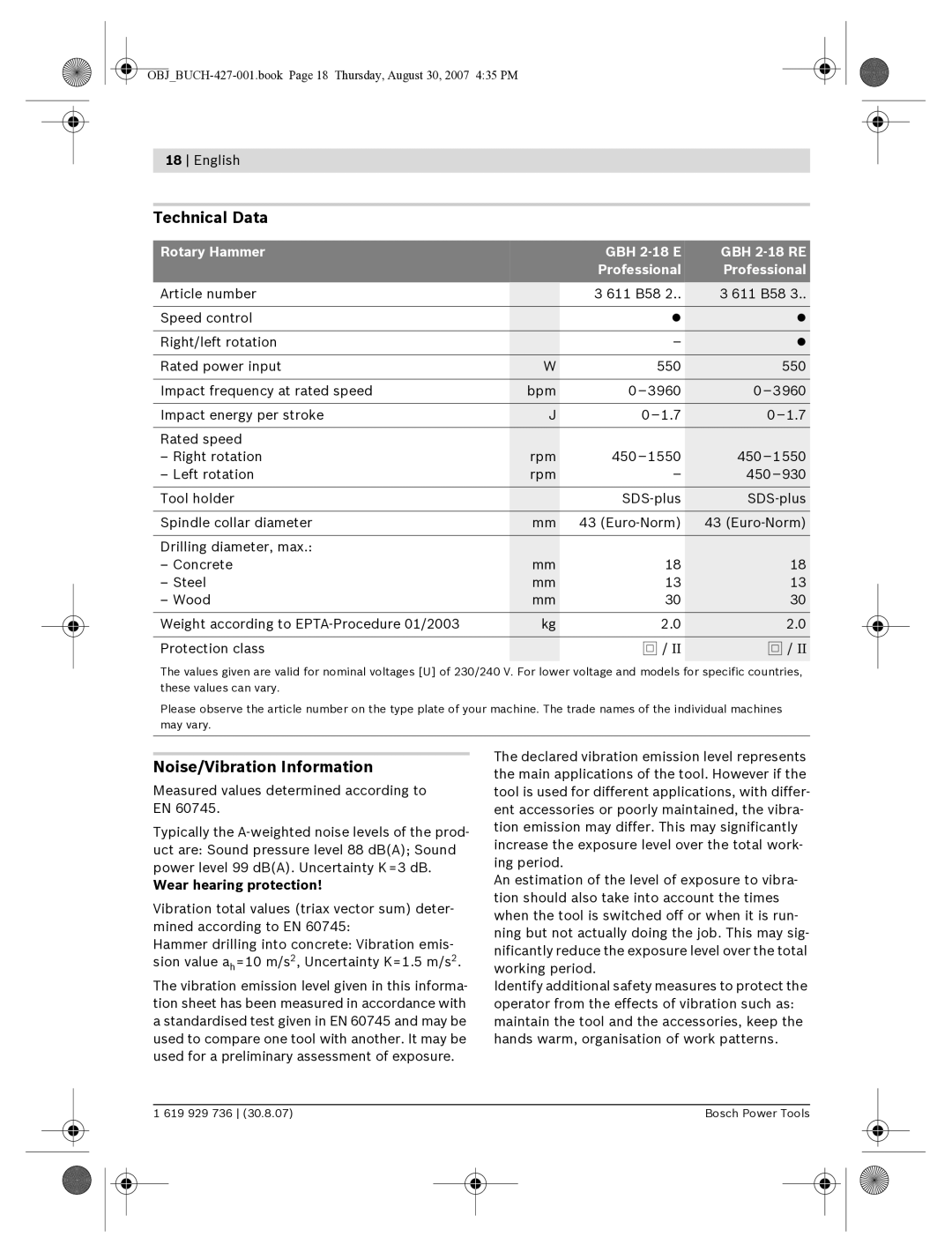 Bosch Power Tools 18/02/E manual Technical Data, Noise/Vibration Information, Wear hearing protection 