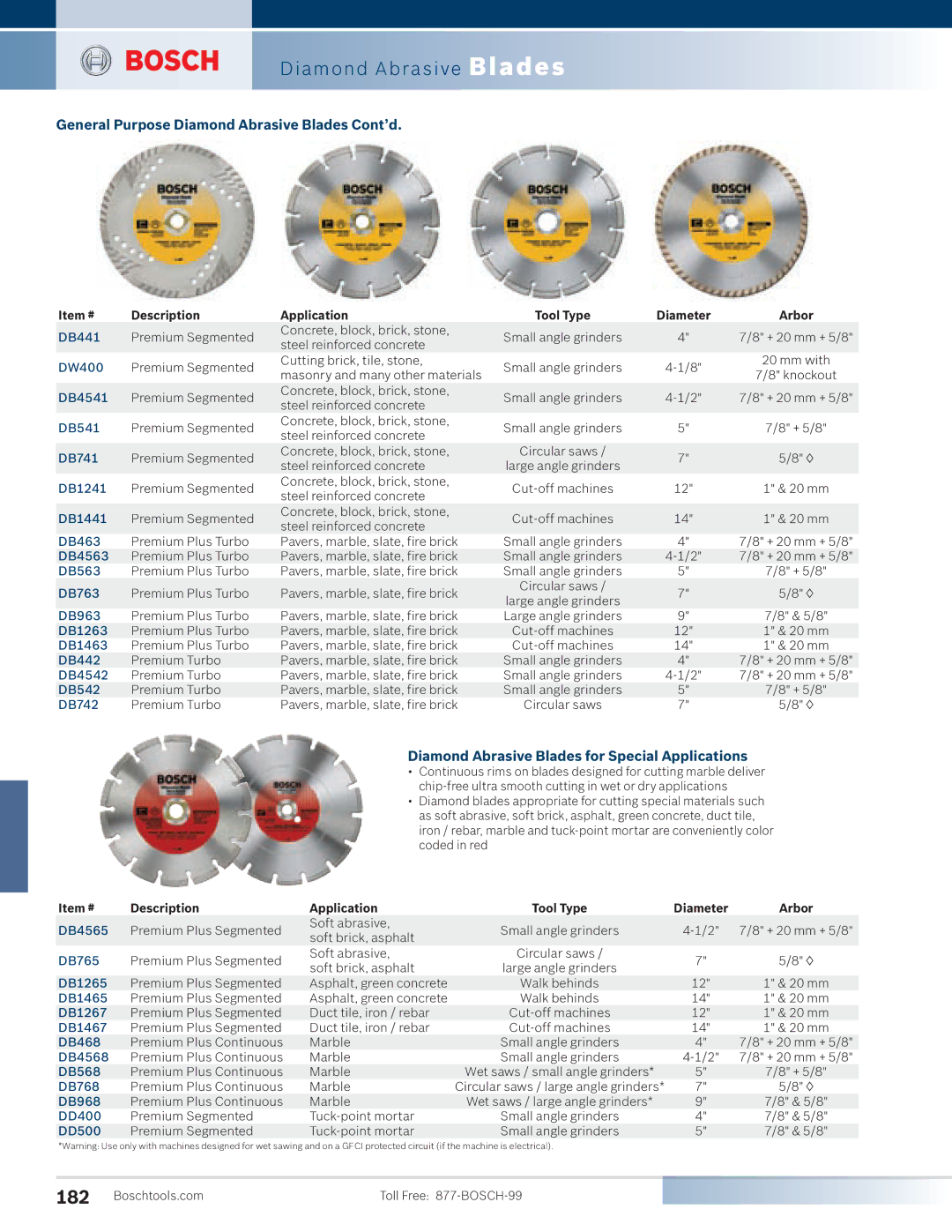 Bosch Power Tools 1810PS General Purpose Diamond Abrasive Blades Cont’d, Diamond Abrasive Blades for Special Applications 