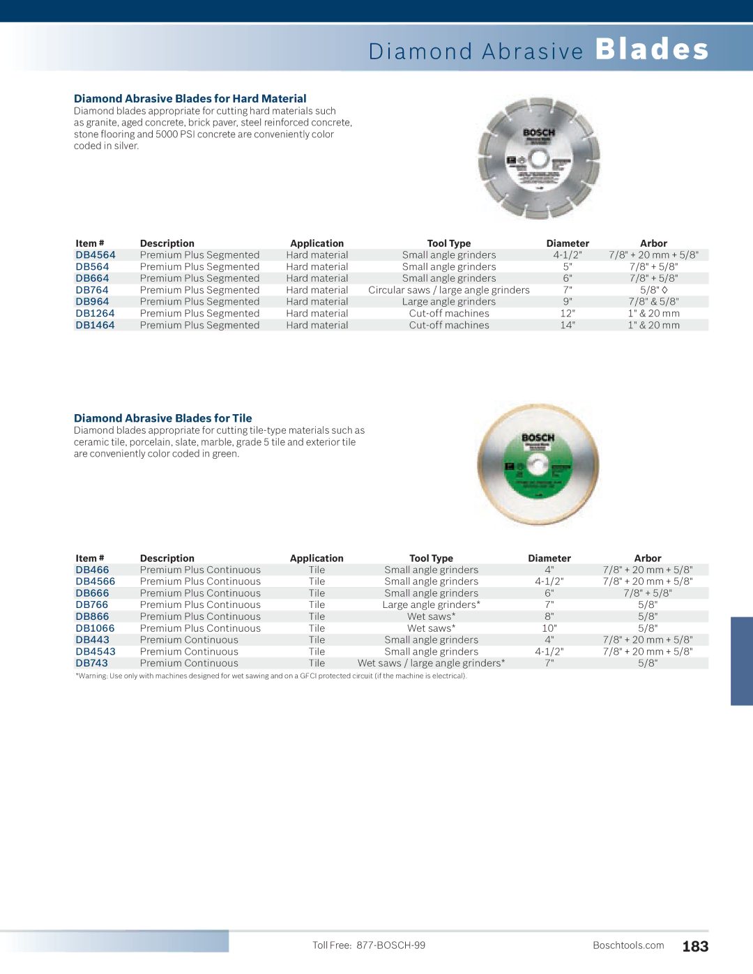 Bosch Power Tools 1810PS manual Diamond Abrasive Blades for Hard Material, Diamond Abrasive Blades for Tile 