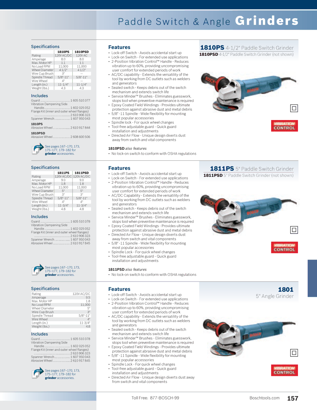 Bosch Power Tools manual Paddle Switch & Angle Grinders, 1801, 1810PS 4-1/2 Paddle Switch Grinder 