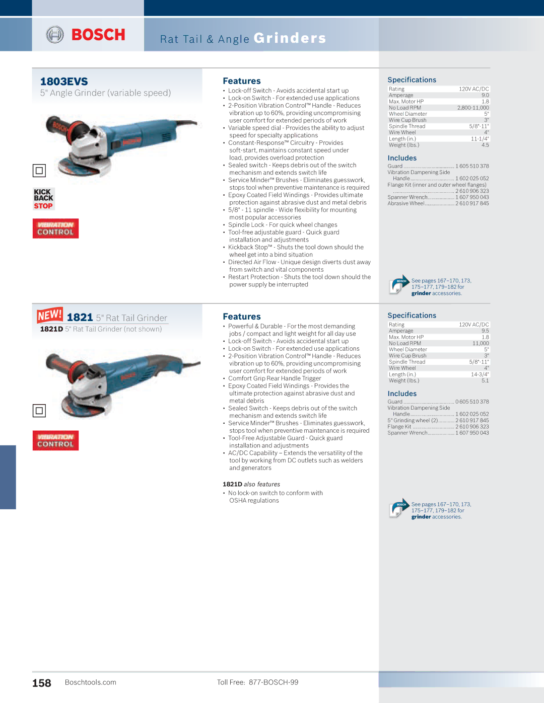 Bosch Power Tools 1810PS manual 1803EVS, Angle Grinder variable speed, 1821 5 Rat Tail Grinder 