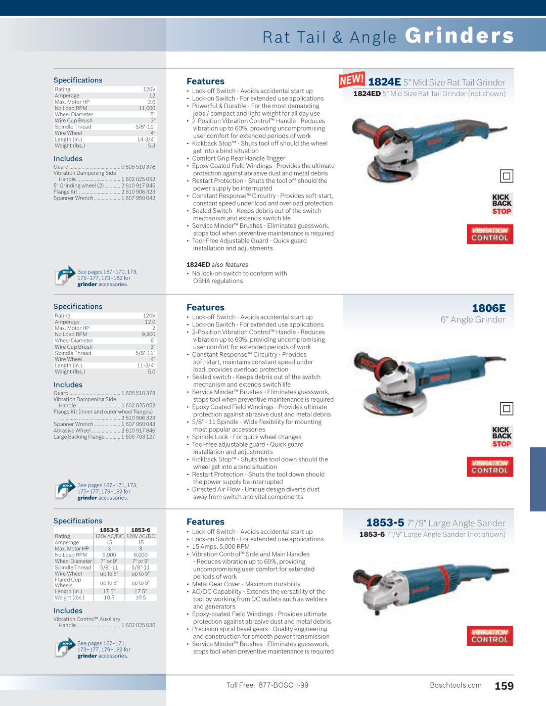 Bosch Power Tools 1810PS Rat Tail & Angle Grinders, 1806E, 1824E 5 Mid Size Rat Tail Grinder, 1853-57/9 Large Angle Sander 