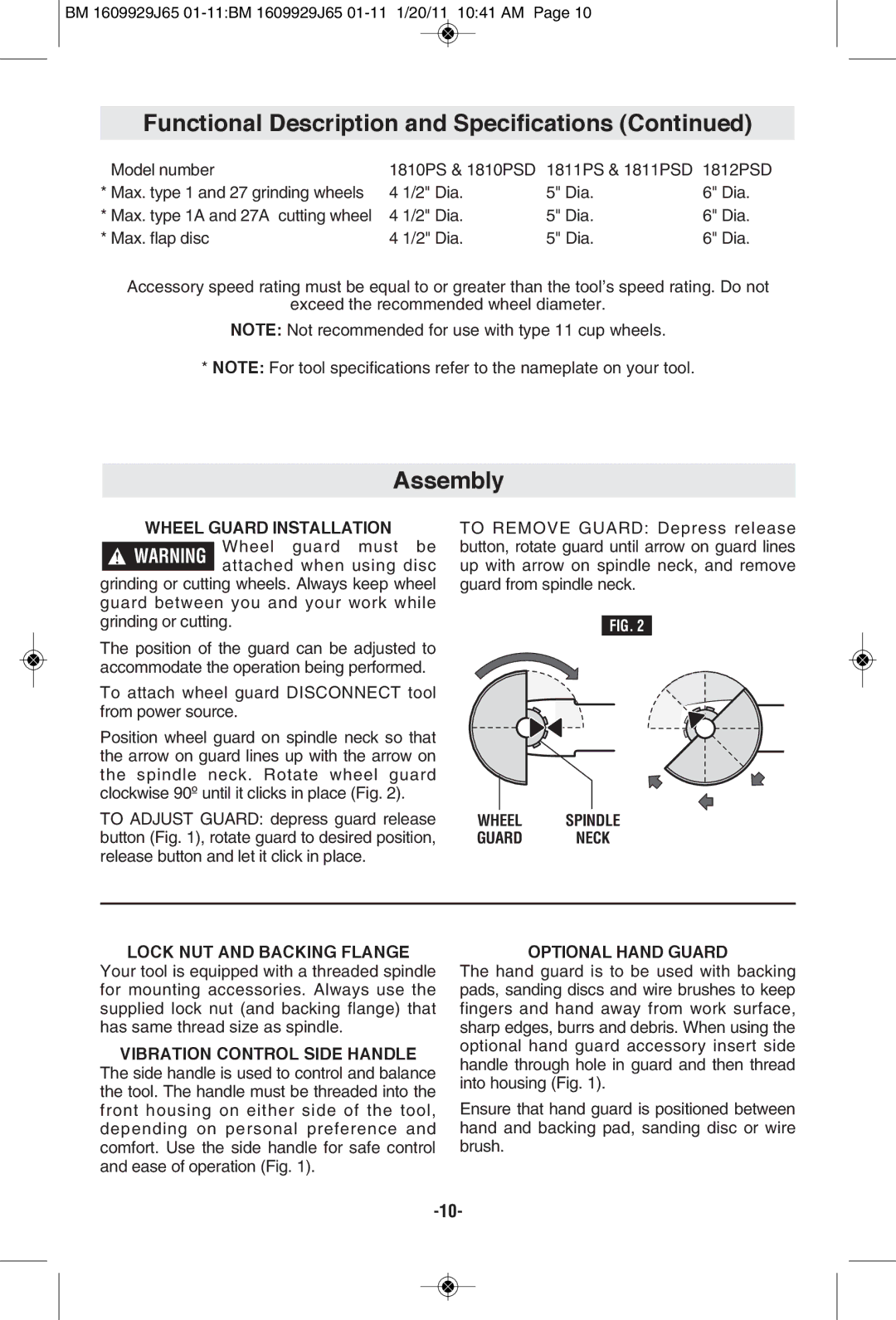 Bosch Power Tools 1811PSD manual Assembly, Wheel Guard Installation, Wheel Spindle Guard Neck Lock NUT and Backing Flange 