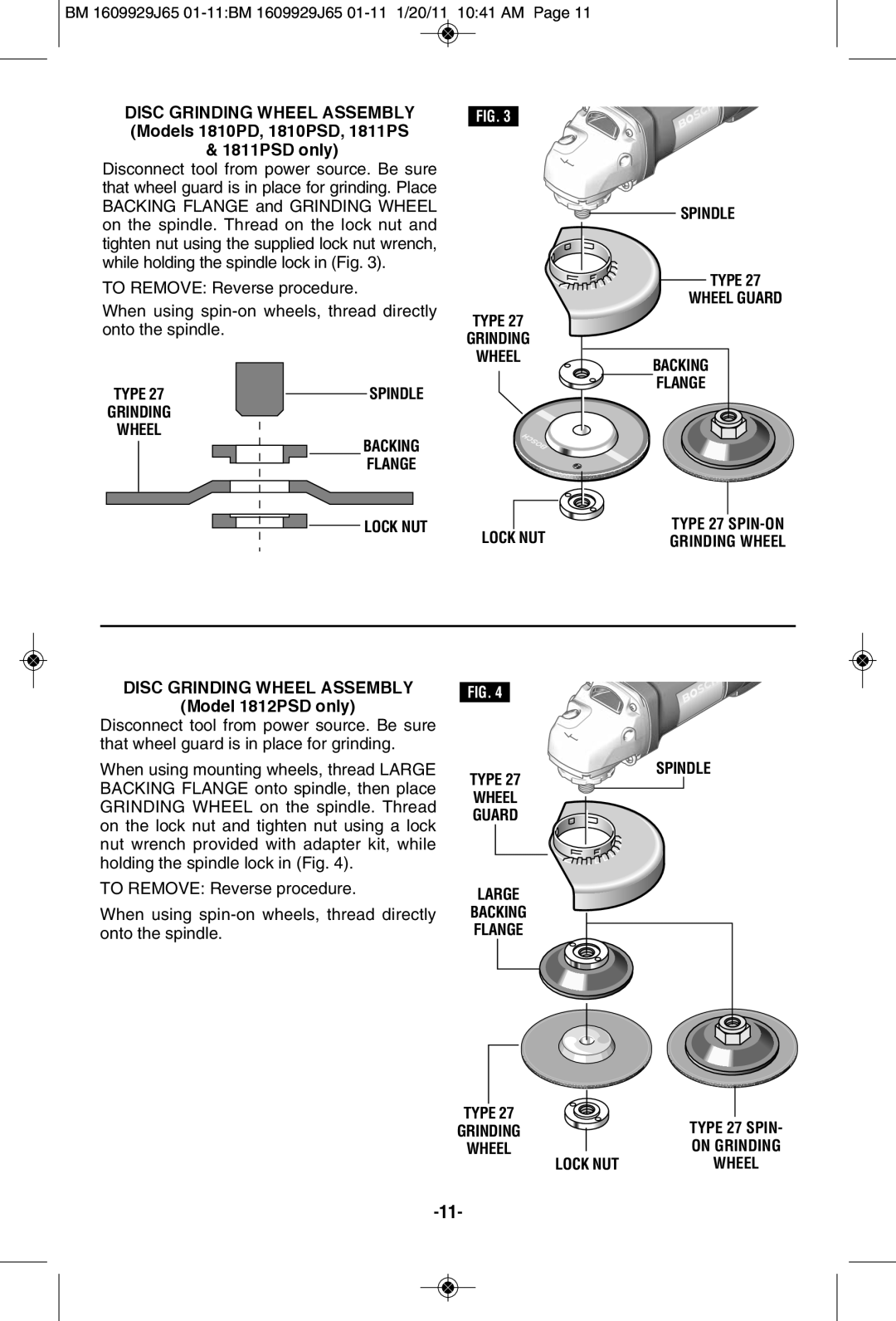 Bosch Power Tools 1810PSD, 1812PSD, 1811PSD manual Backing Flange Lock NUT Spindle Type Wheel Guard, Large Spindle 
