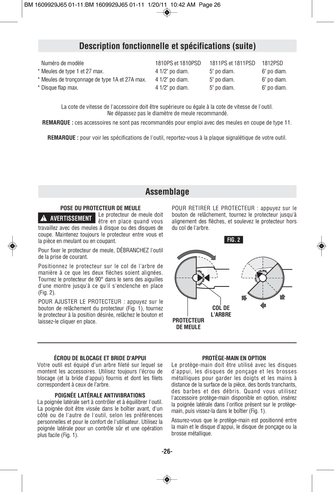 Bosch Power Tools 1811PSD manual Description fonctionnelle et spécifications suite, Assemblage, Pose DU Protecteur DE Meule 