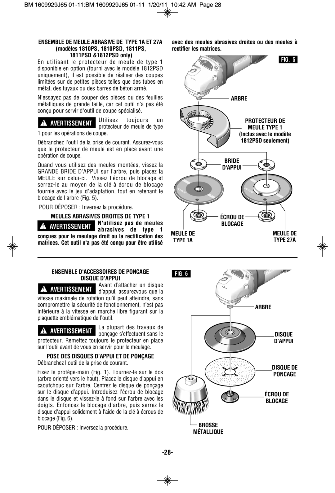 Bosch Power Tools 1810PSD manual 1811PSD &1812PSD only, Arbre Protecteur DE, Bride Dappui 