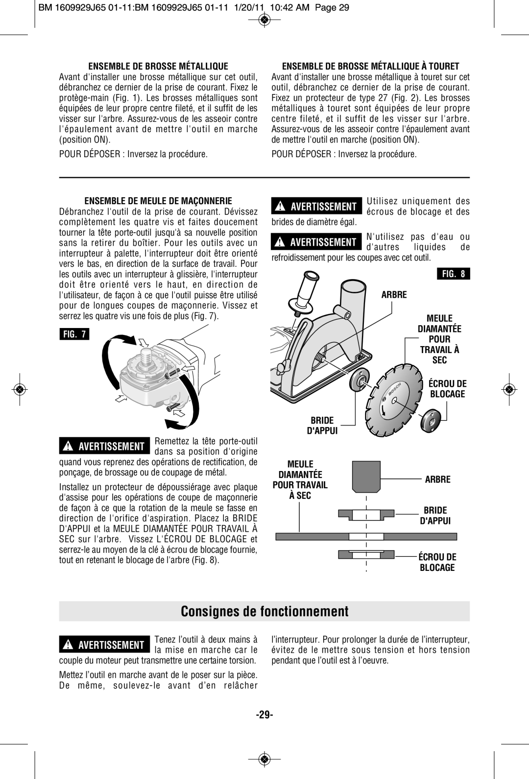 Bosch Power Tools 1811PS manual Consignes de fonctionnement, Ensemble DE Brosse Métallique, Ensemble DE Meule DE Maçonnerie 