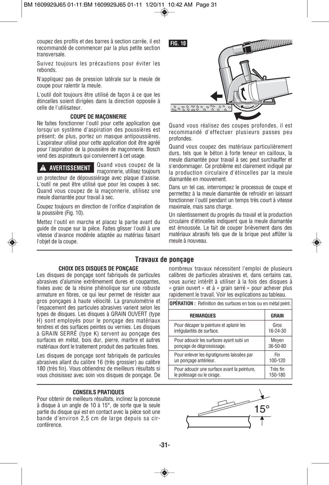 Bosch Power Tools 1810PSD, 1812PSD Travaux de ponçage, Coupe DE Maçonnerie, Choix DES Disques DE Ponçage, Remarques Grain 