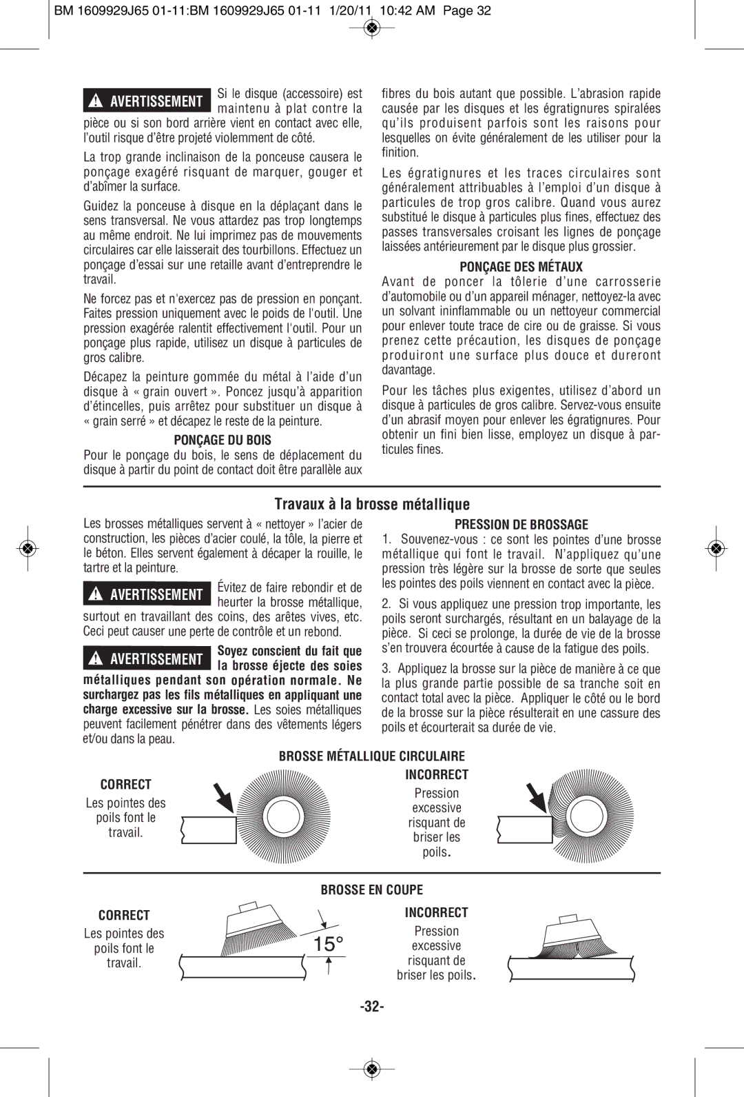 Bosch Power Tools 1812PSD, 1811PSD, 1810PSD manual Travaux à la brosse métallique 