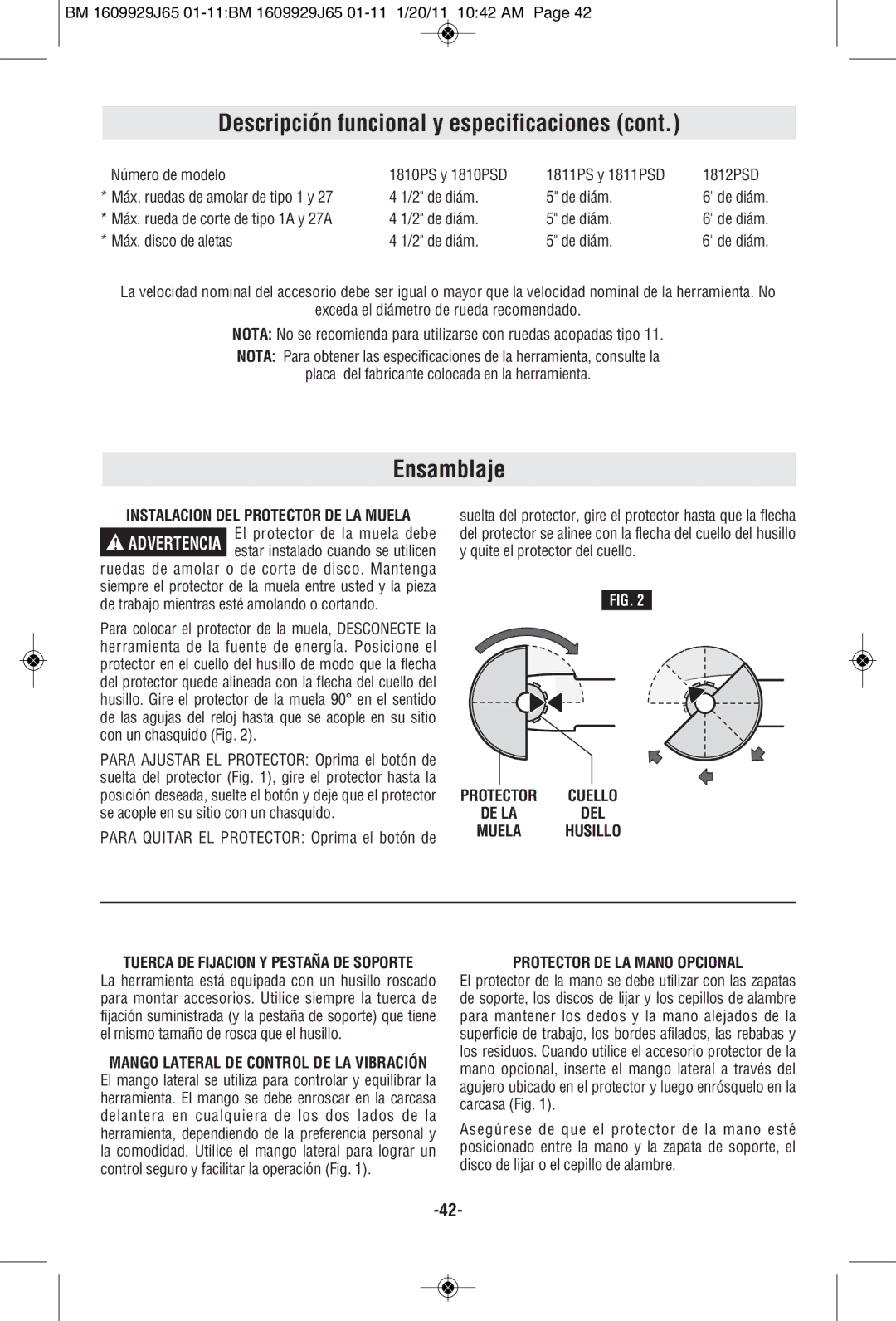 Bosch Power Tools 1811PSD, 1812PSD Ensamblaje, Protector Cuello DE LA DEL Muela Husillo, Protector DE LA Mano Opcional 