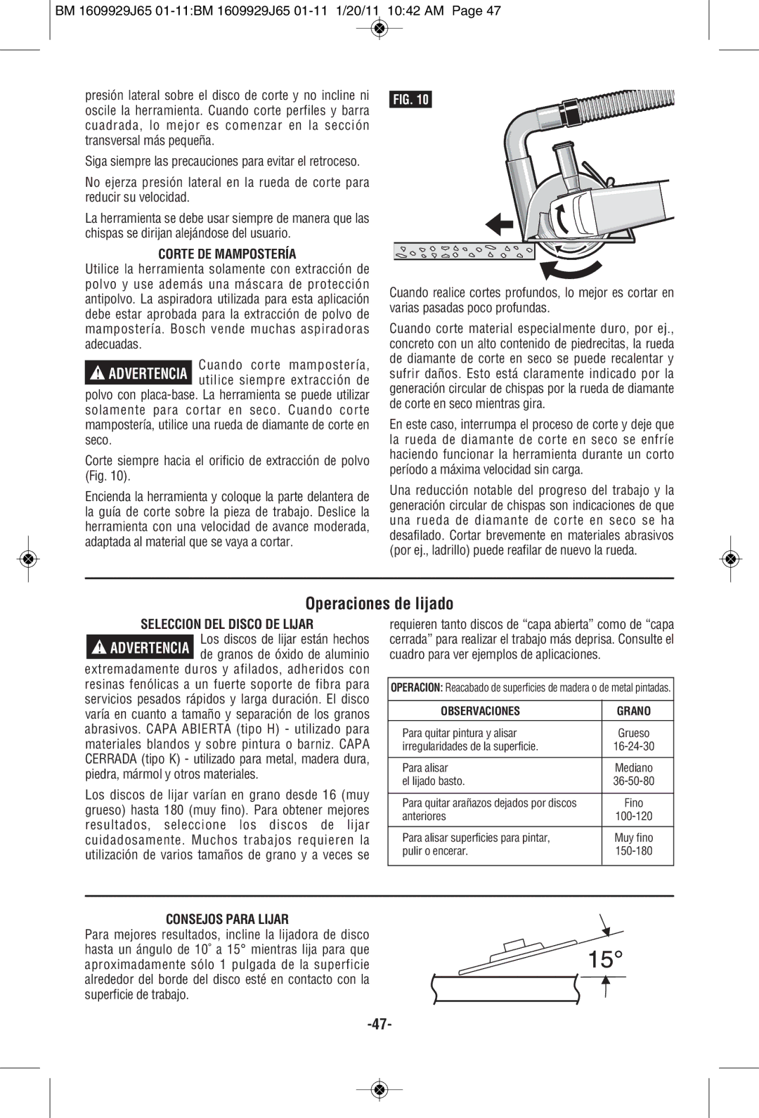 Bosch Power Tools 1810PSD Operaciones de lijado, Corte DE Mampostería, Seleccion DEL Disco DE Lijar, Consejos Para Lijar 