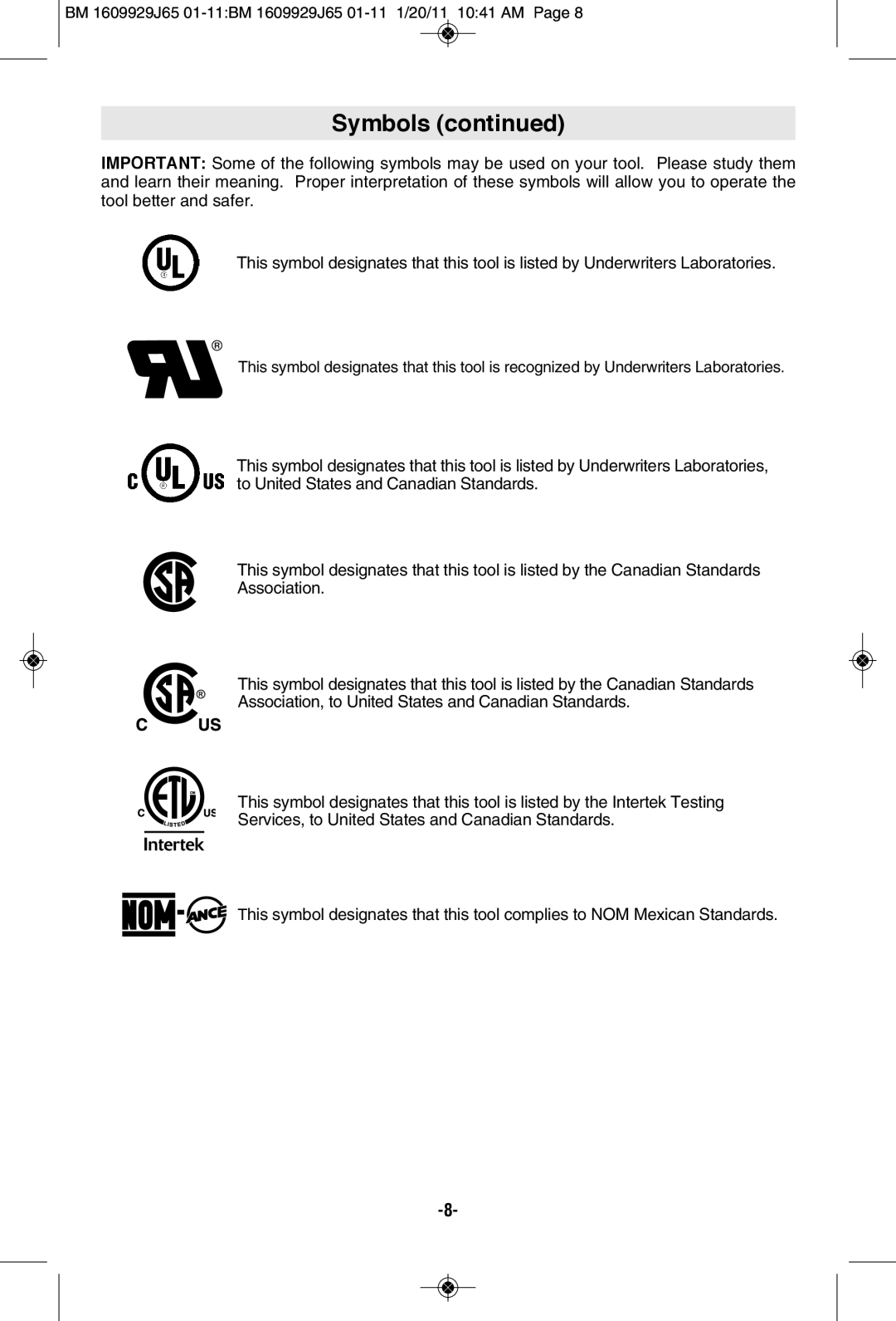 Bosch Power Tools 1812PSD, 1811PSD, 1810PSD manual Symbols 