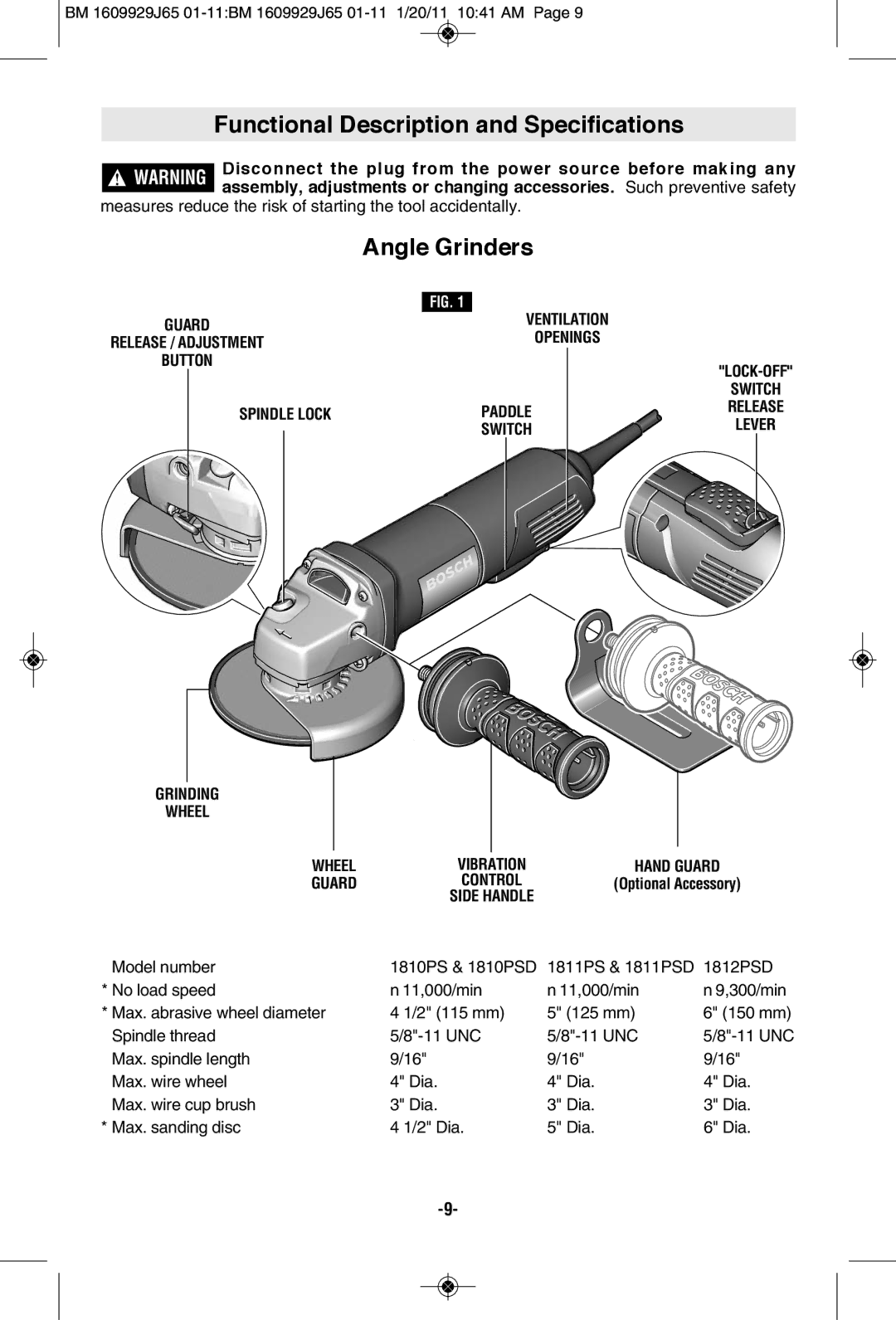 Bosch Power Tools 1812PSD, 1811PSD, 1810PSD Functional Description and Specifications, Angle Grinders, Paddle, Switch 