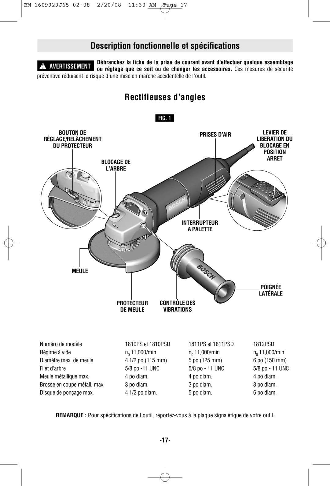 Bosch Power Tools 1812PSD, 1811PSD, 1810PSD manual Description fonctionnelle et spécifications, Rectifieuses d’angles 