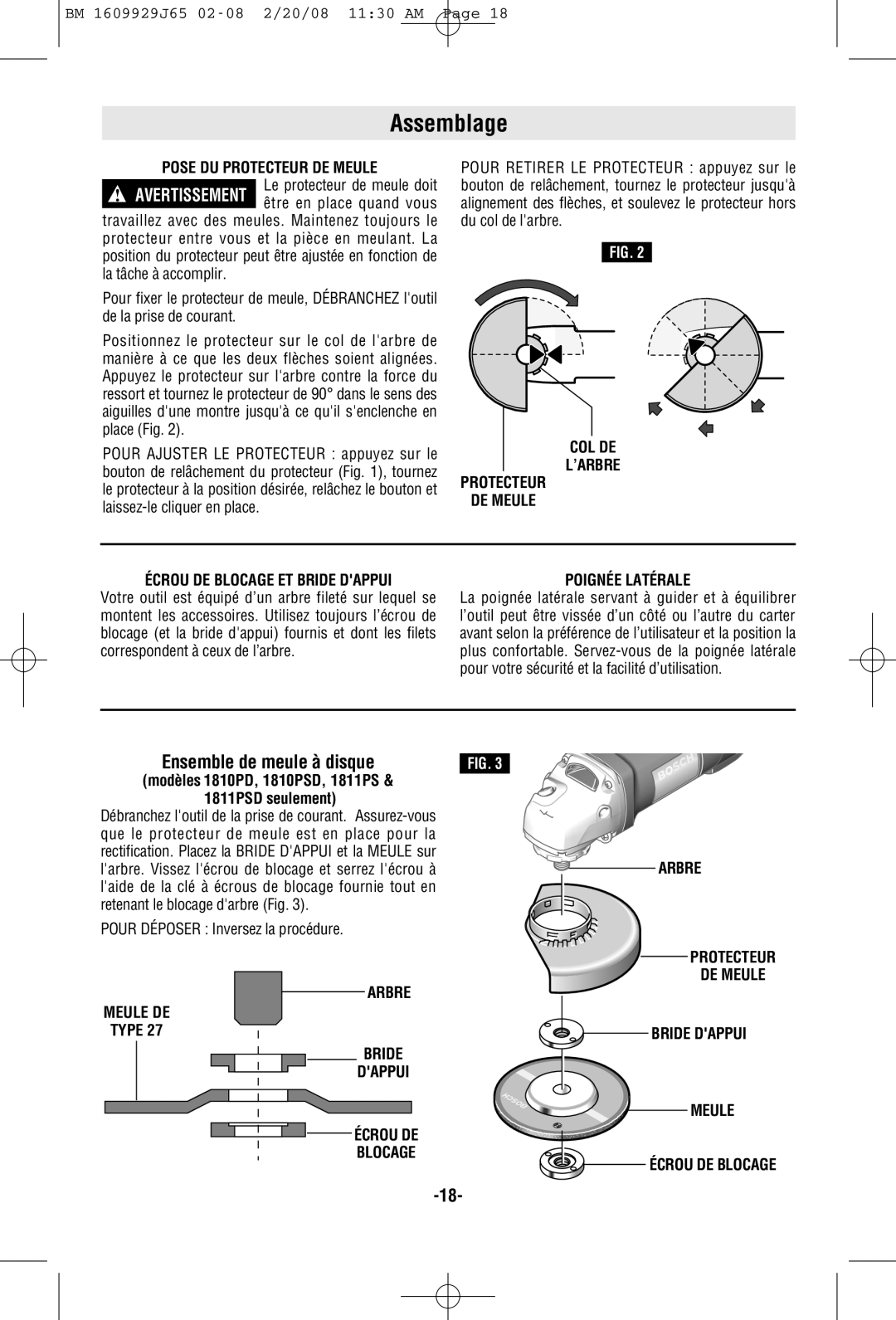 Bosch Power Tools 1811PSD, 1812PSD, 1810PSD manual Assemblage, Ensemble de meule à disque 