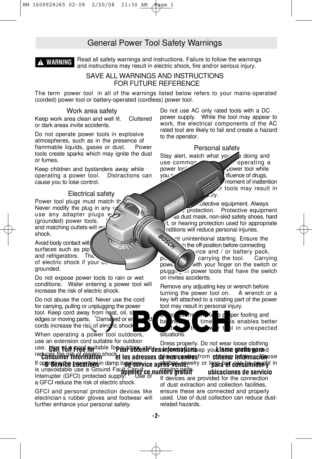 Bosch Power Tools 1811PSD manual General Power Tool Safety Warnings, Work area safety, Electrical safety, Personal safety 