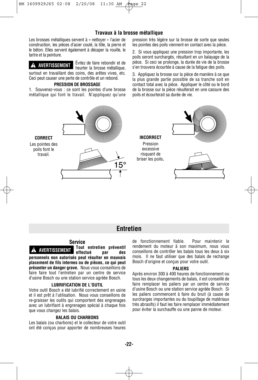 Bosch Power Tools 1811PSD, 1812PSD, 1810PSD manual Entretien, Travaux à la brosse métallique 