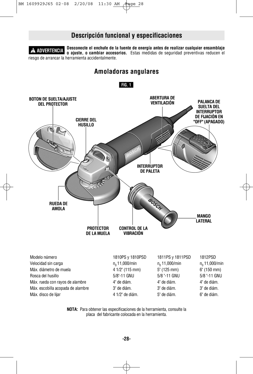 Bosch Power Tools 1812PSD, 1811PS Descripción funcional y especificaciones, Amoladoras angulares, Control DE LA, Vibración 