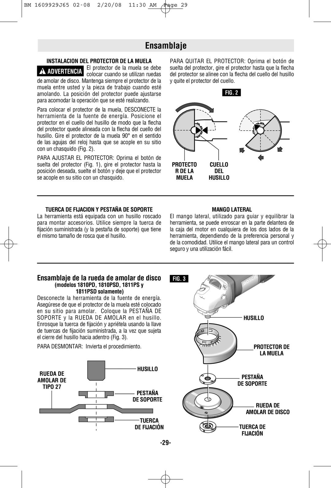 Bosch Power Tools manual Ensamblaje, Mango Lateral, Modelos 1810PD, 1810PSD, 1811PS y, Rueda DE Amolar DE Tipo Pestaña 