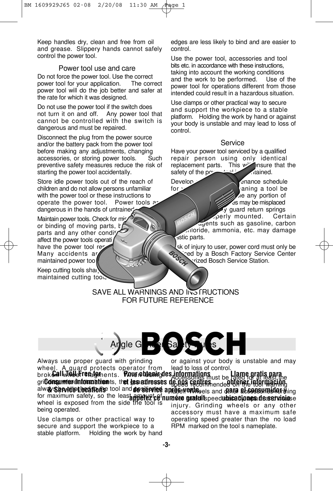 Bosch Power Tools 1810PSD, 1812PSD, 1811PSD manual Angle Grinder Safety Rules, Power tool use and care, Service 