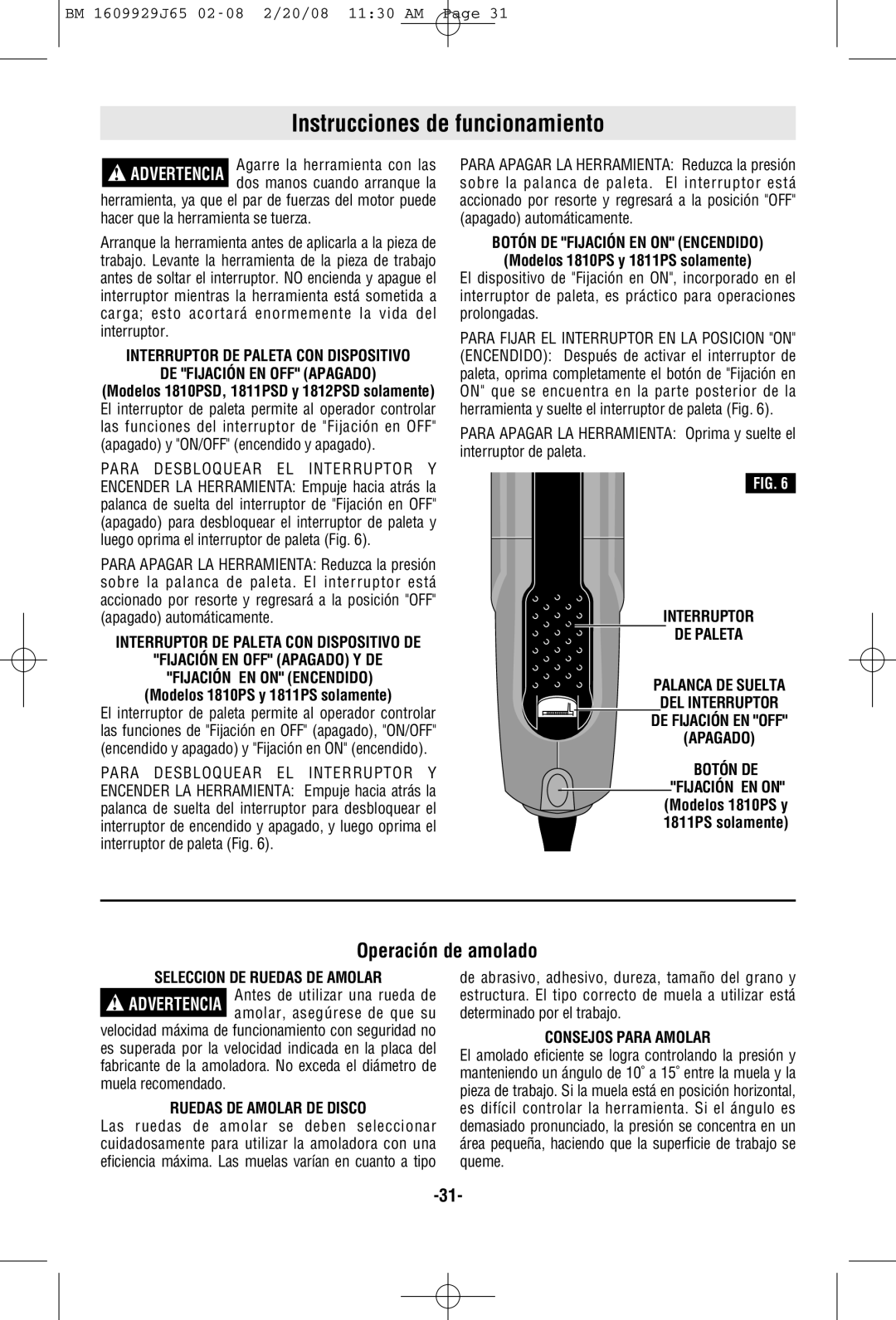 Bosch Power Tools 1810PSD, 1812PSD, 1811PSD manual Instrucciones de funcionamiento, Operación de amolado 